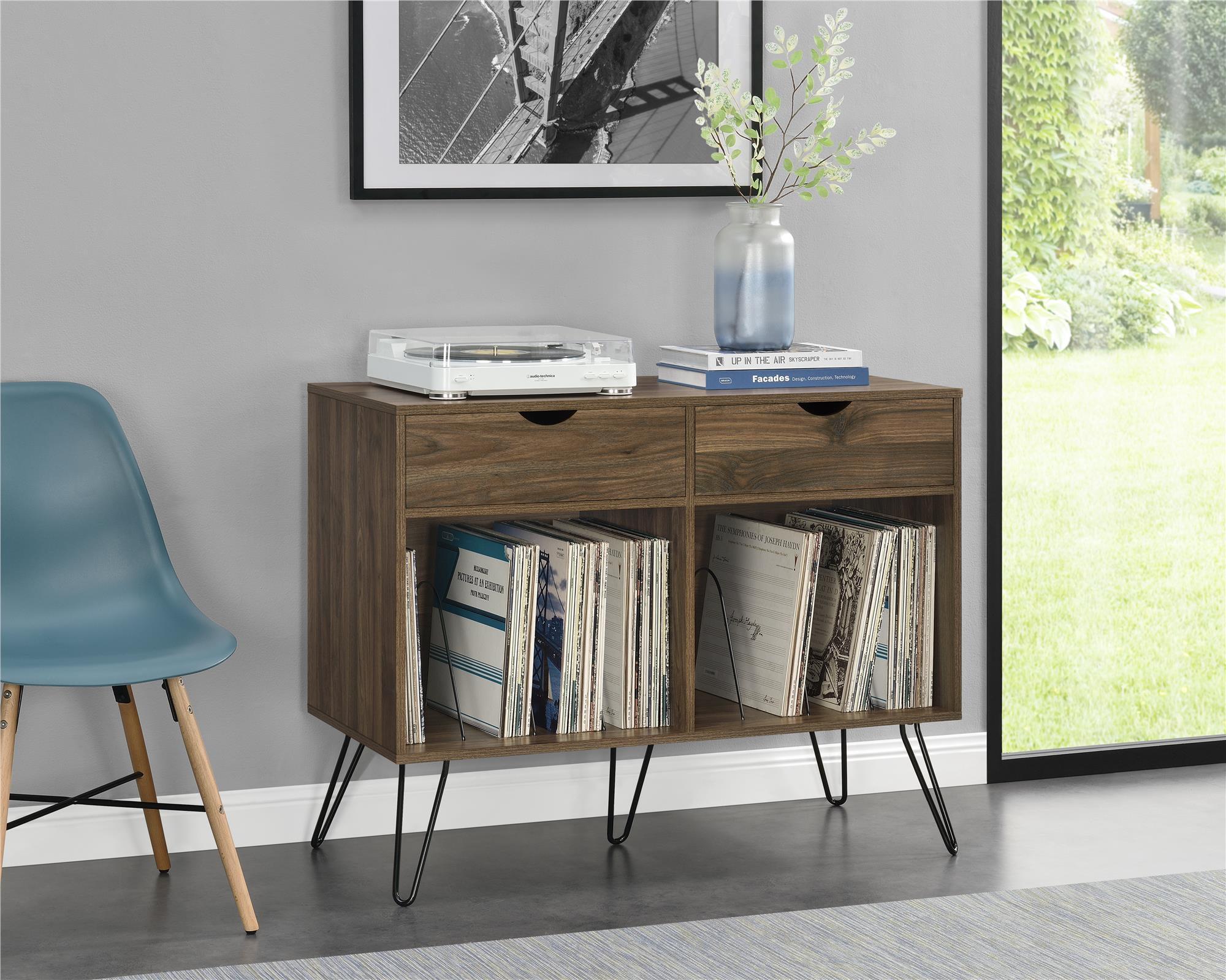 Mid-Century Walnut Turntable Stand with Hairpin Legs and Storage