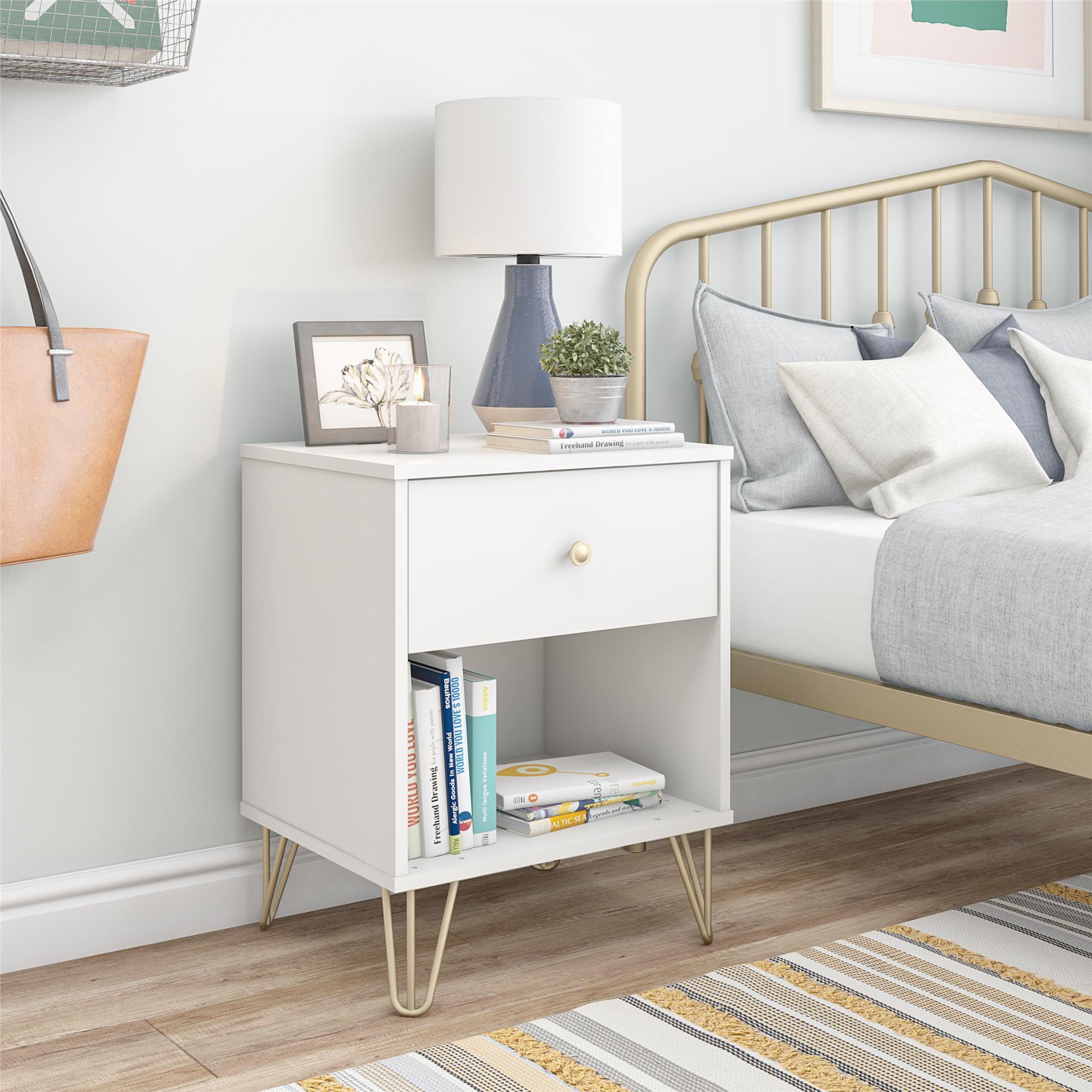 Finley Mid-Century Modern White and Gold 1-Drawer Nightstand