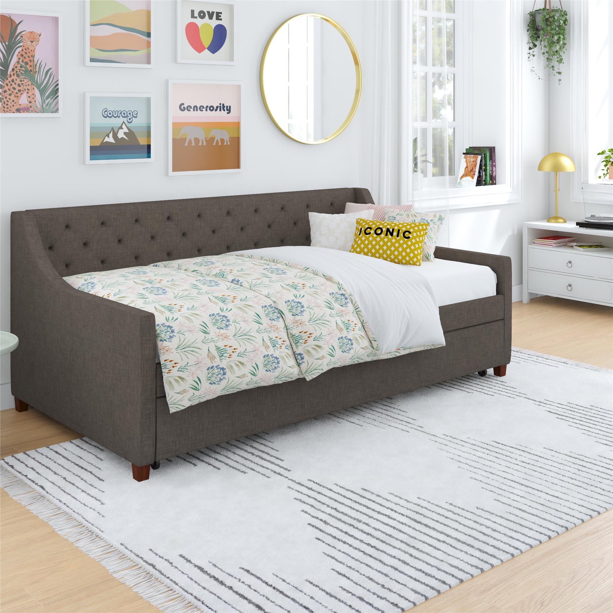 Gray Linen Twin Upholstered Daybed with Trundle and Tufted Headboard