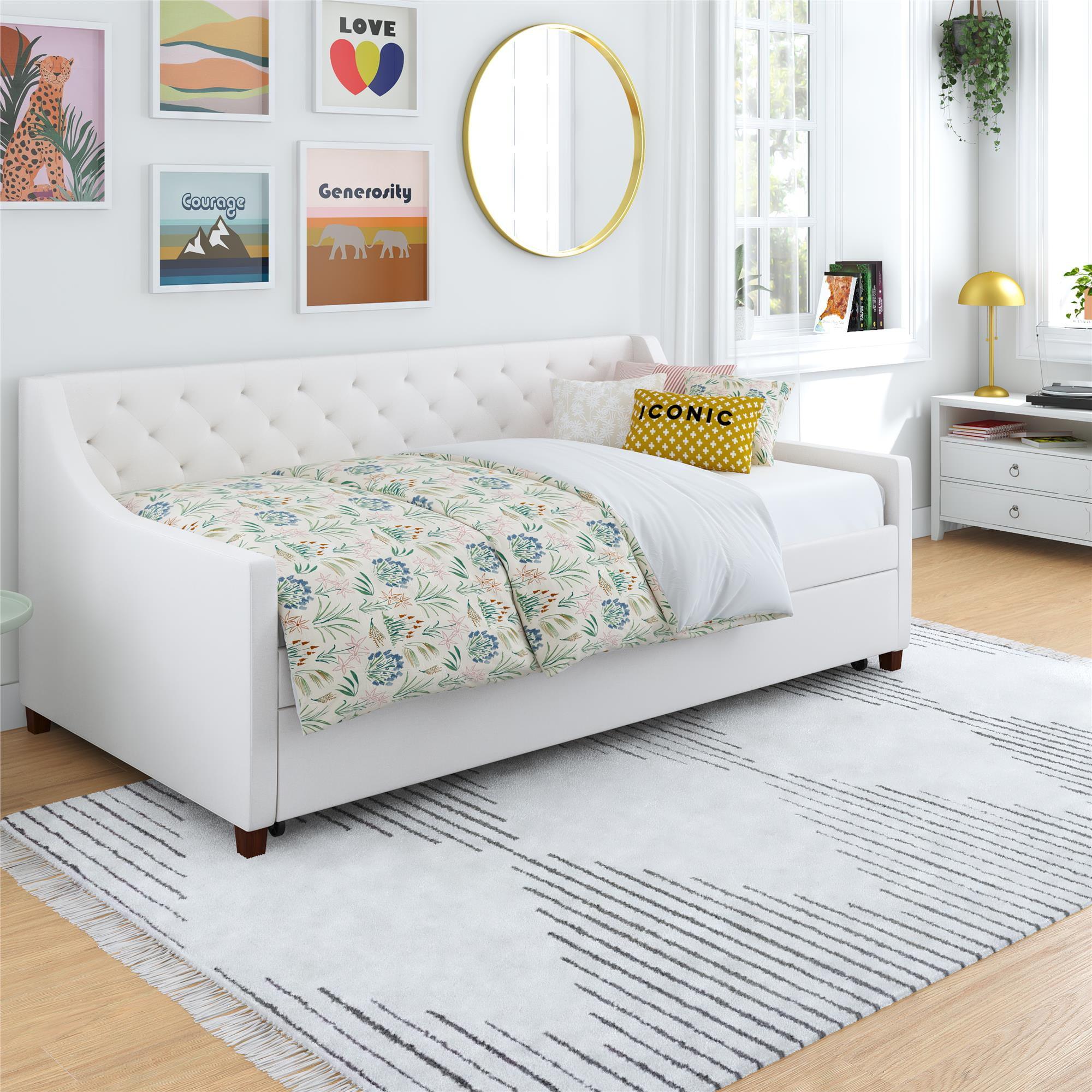 Ivory Linen Twin Daybed with Trundle and Tufted Upholstery