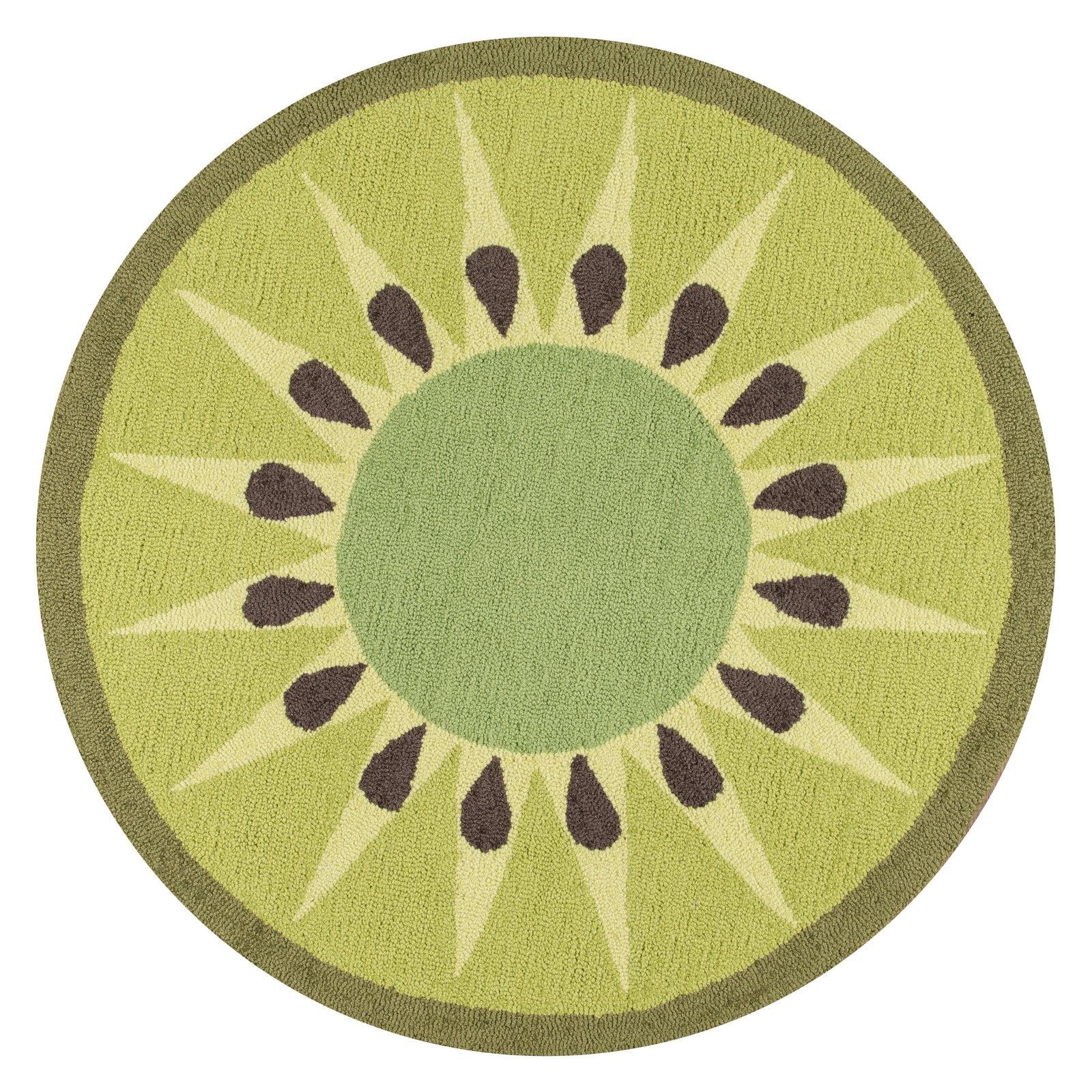 Kiwi Slice 3' Round Hand-Hooked Synthetic Kitchen Mat in Lively Green