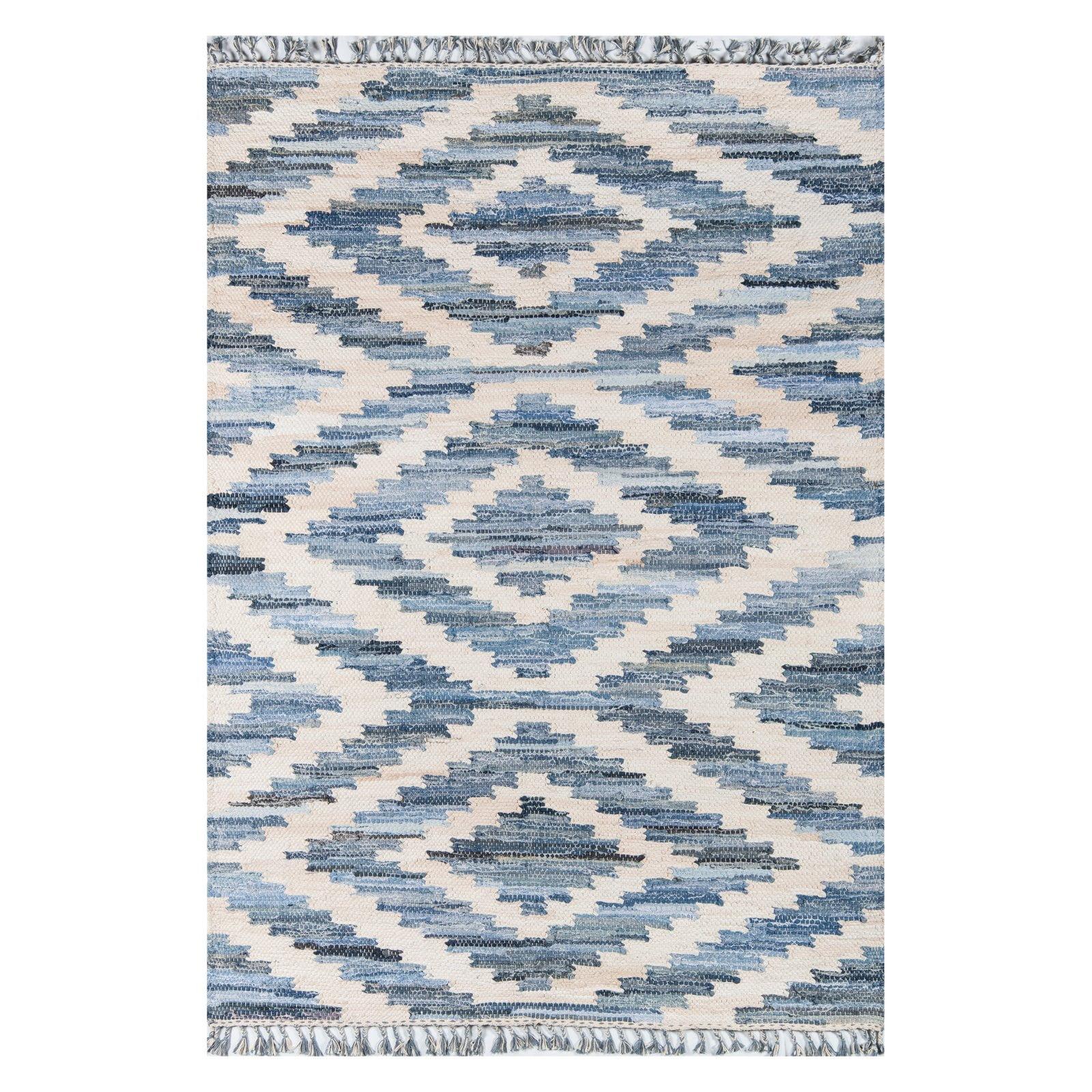 Handmade Blue Geometric Wool and Cotton Area Rug