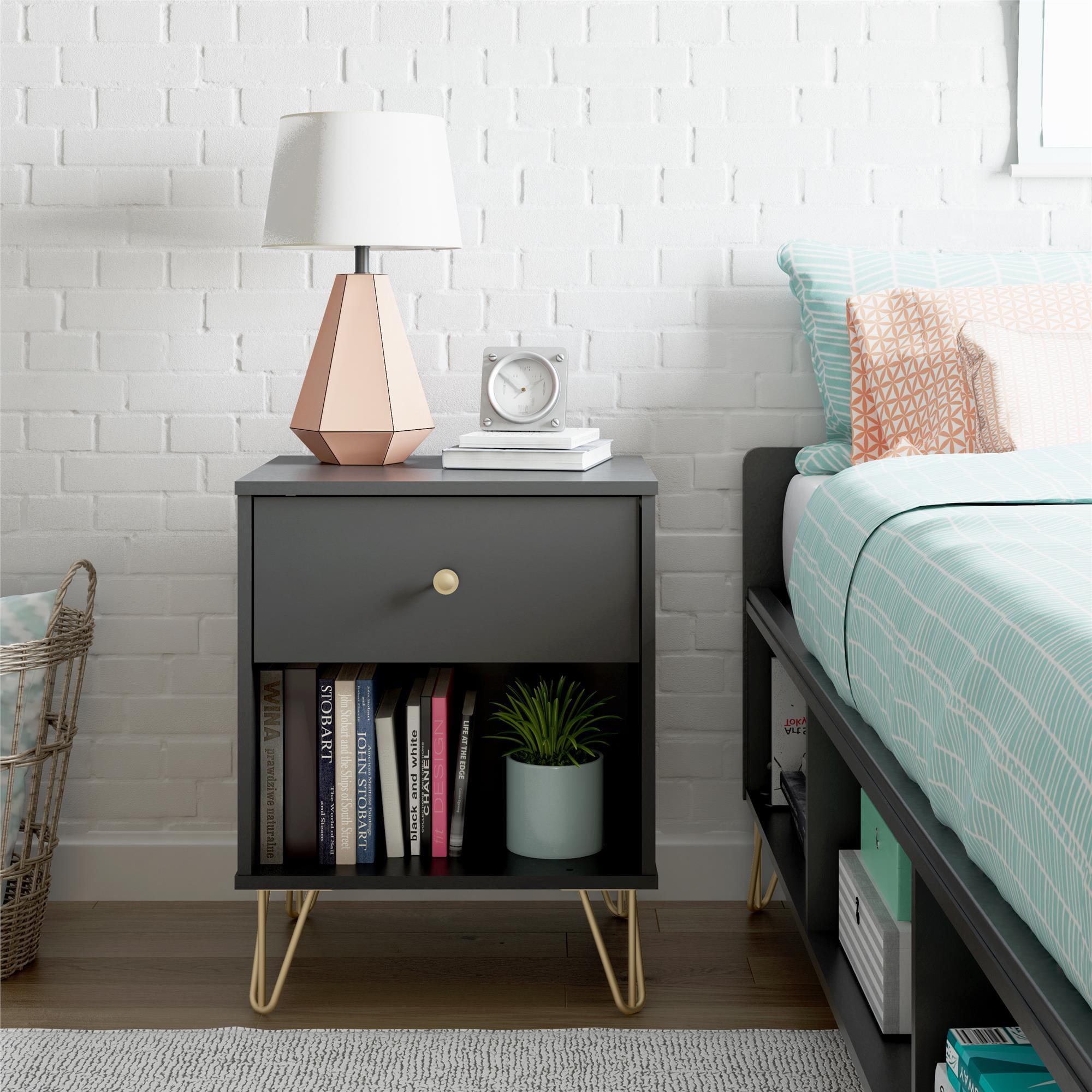 Black and Gold Mid-Century Modern Nightstand with Drawer