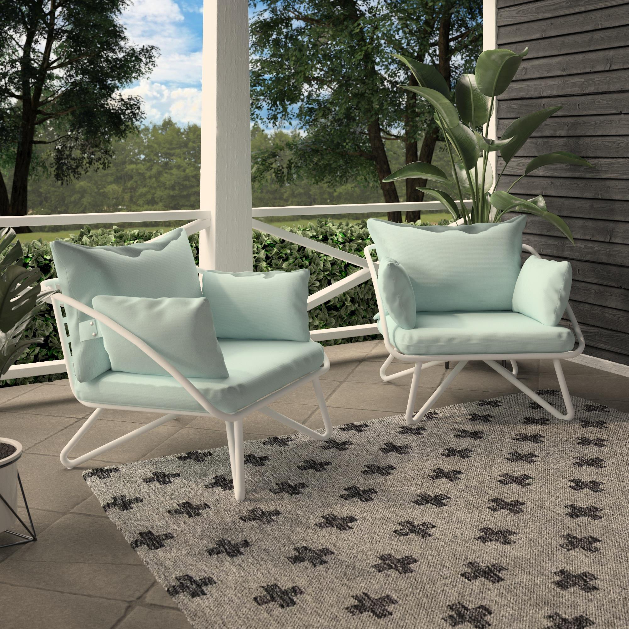 Teddi Aqua Haze Midcentury Modern Outdoor Lounge Chair Pair with Cushions