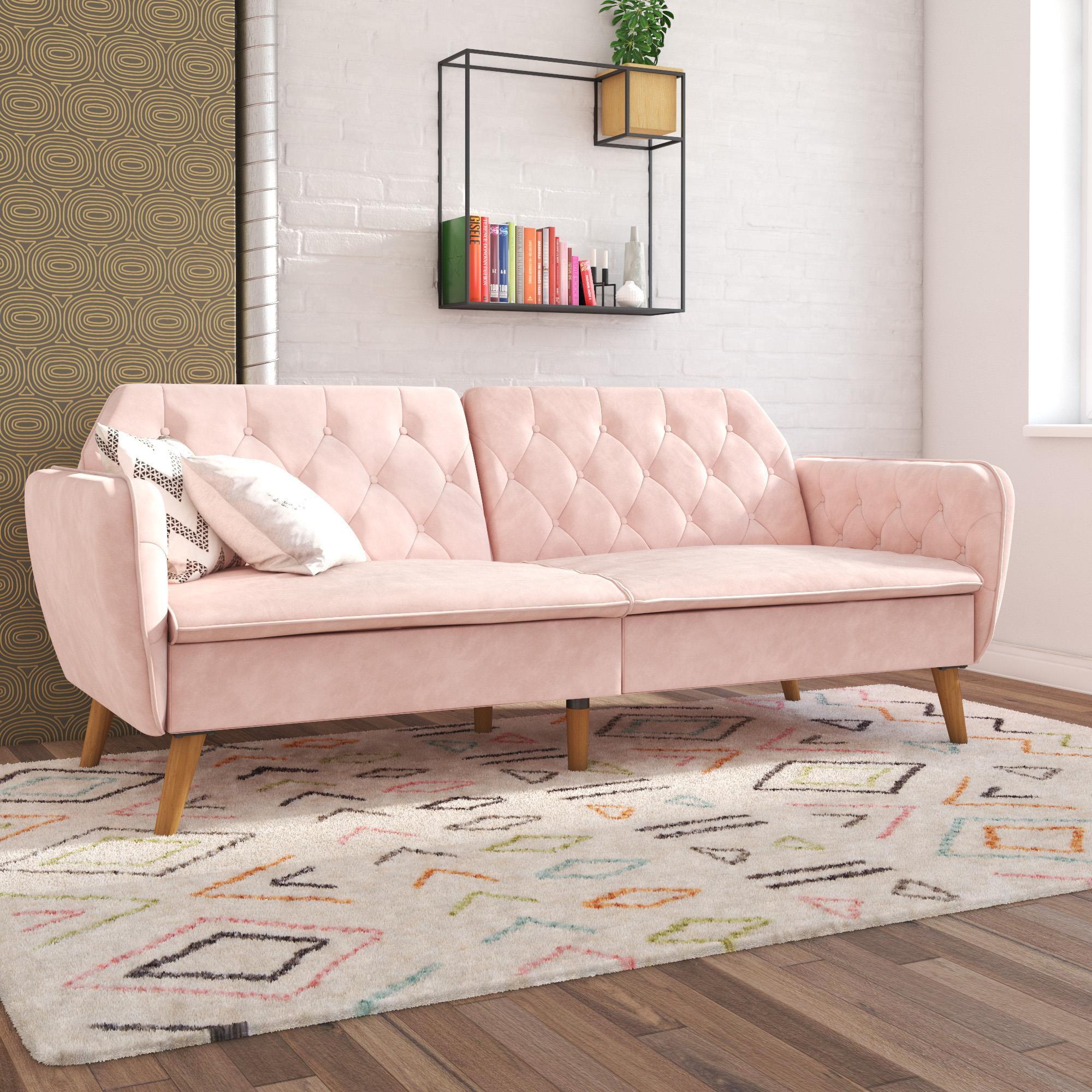 Pink Tufted Faux Leather Twin Sleeper Sofa with Memory Foam