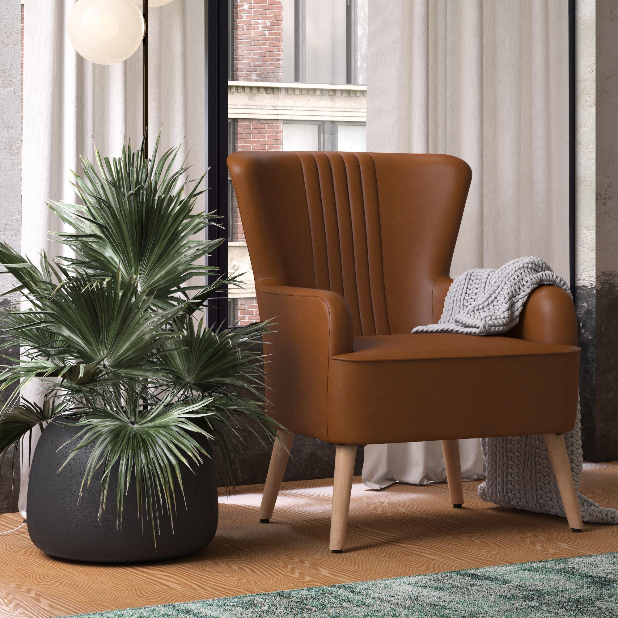 Novogratz William Accent Chair with Light Oak Legs, Camel Faux Leather