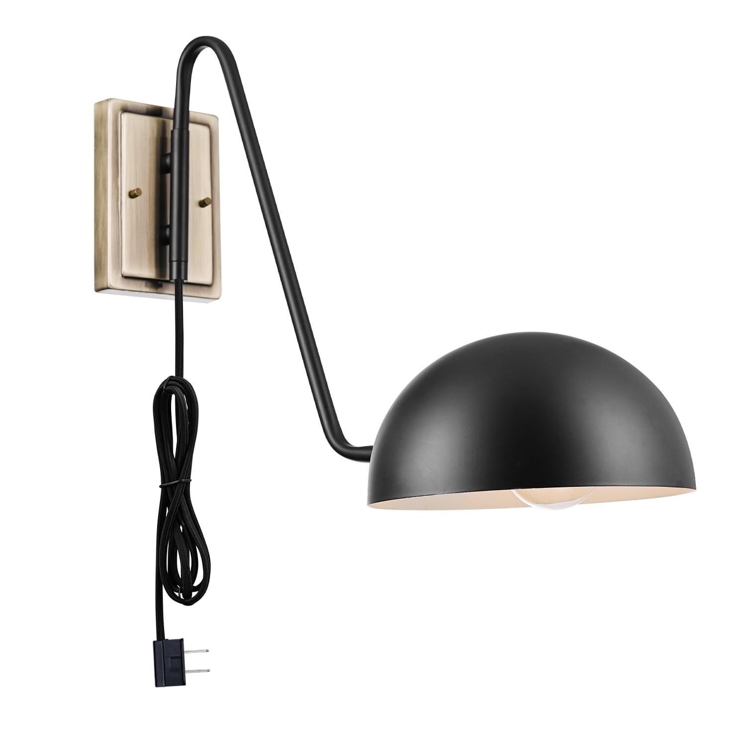 Mid-Century Matte Black Plug-In Wall Sconce with Antique Brass Accents