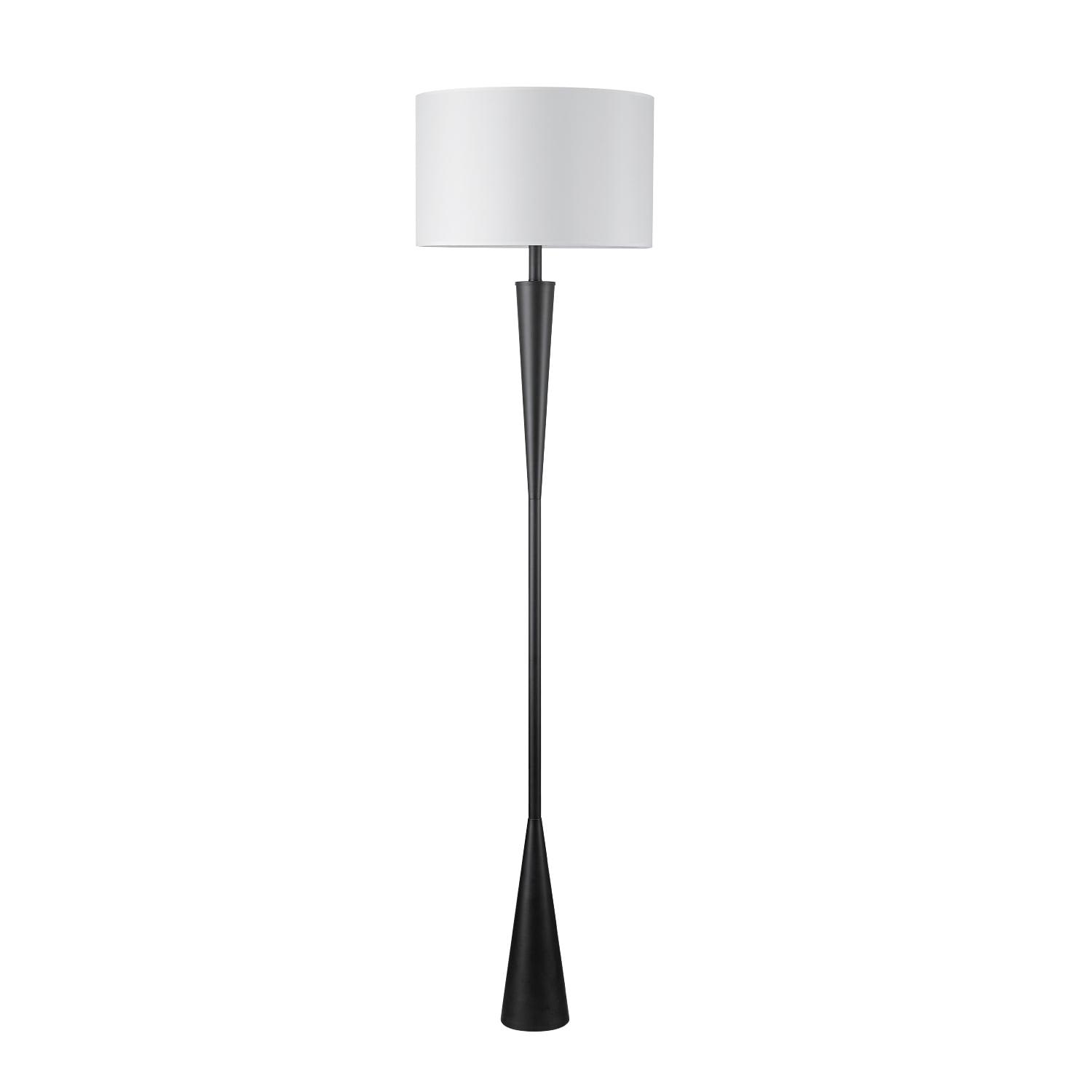 Matte Black 70" Modern Floor Lamp with White Fabric Drum Shade