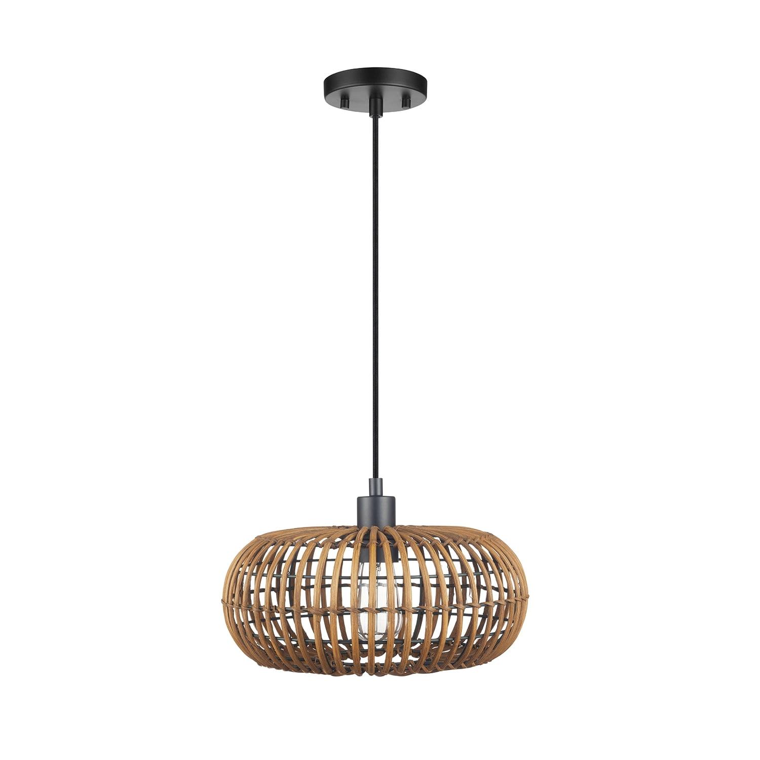 Matte Black Drum Pendant Light with Rattan Shade