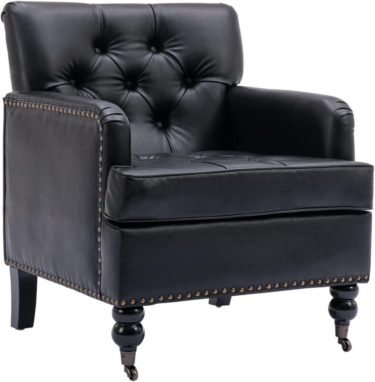 Nrizc Black Leather Club Chair, Mid Century Modern Accent Arm Chairs with Studded, Living Room Chairs with Solid Wood Frame, for Living Room, Bedroom, Reading, or Office