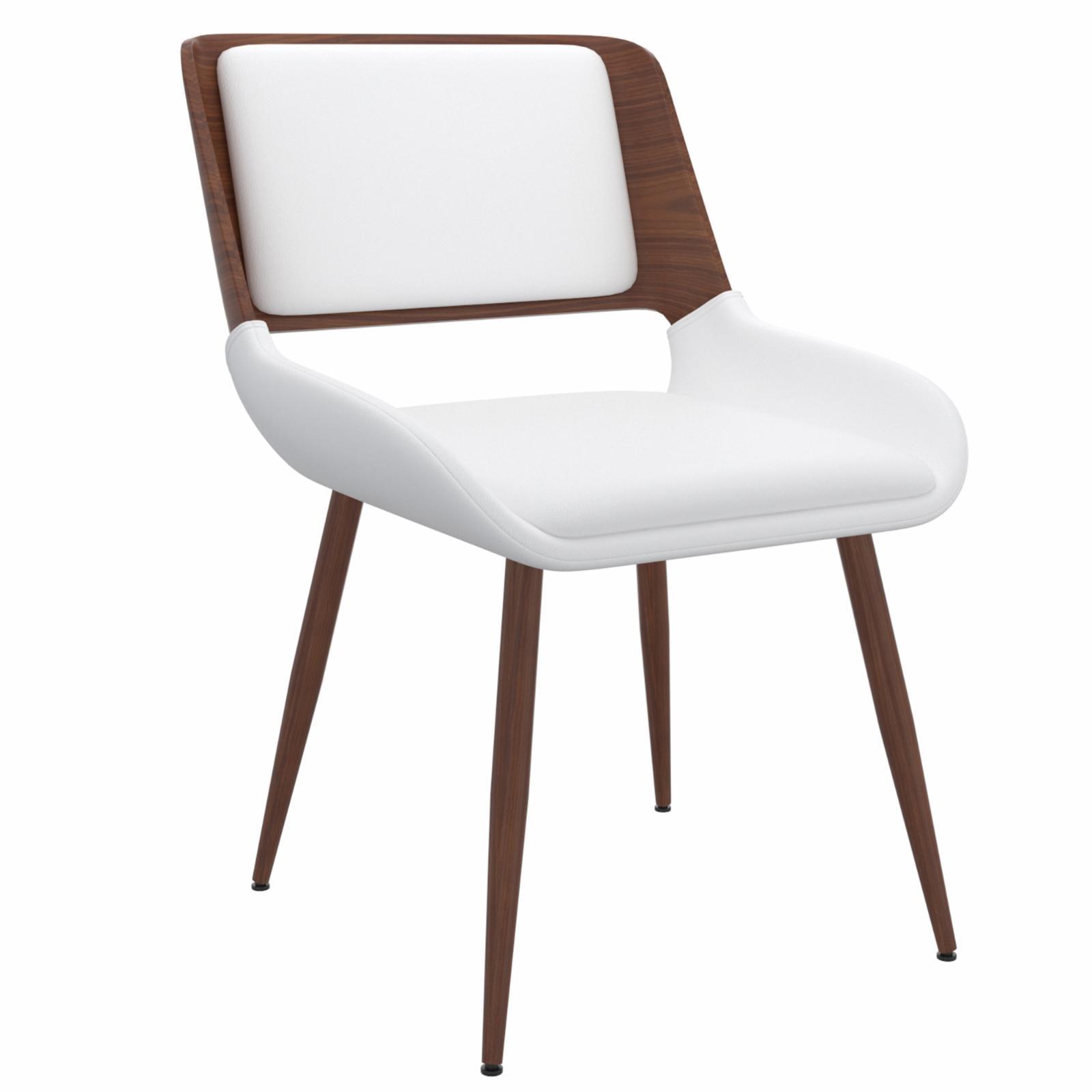 White Faux Leather Upholstered Side Chair with Walnut Wood Frame