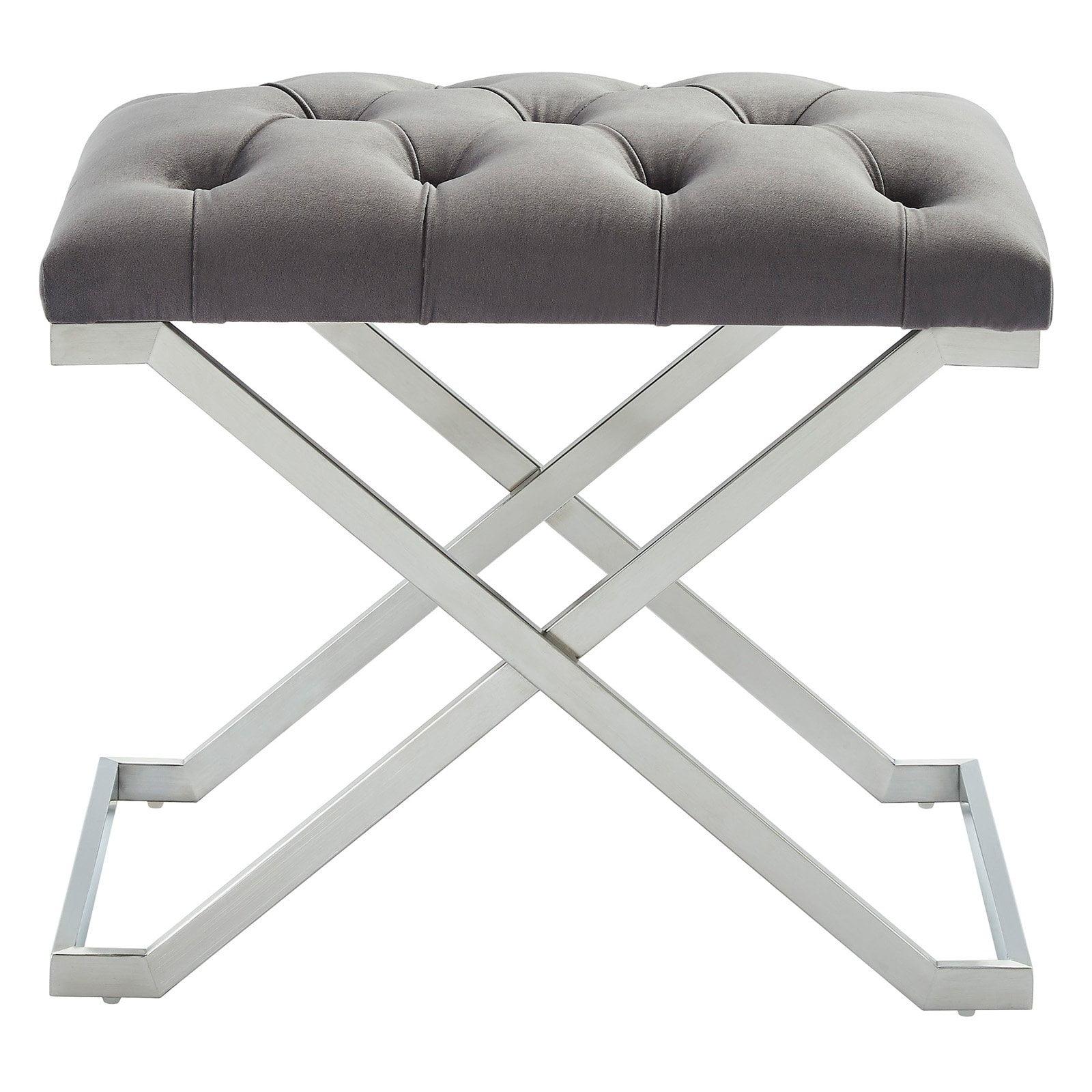 Aldo Gray Velvet Bench with Silver Stainless Steel Base