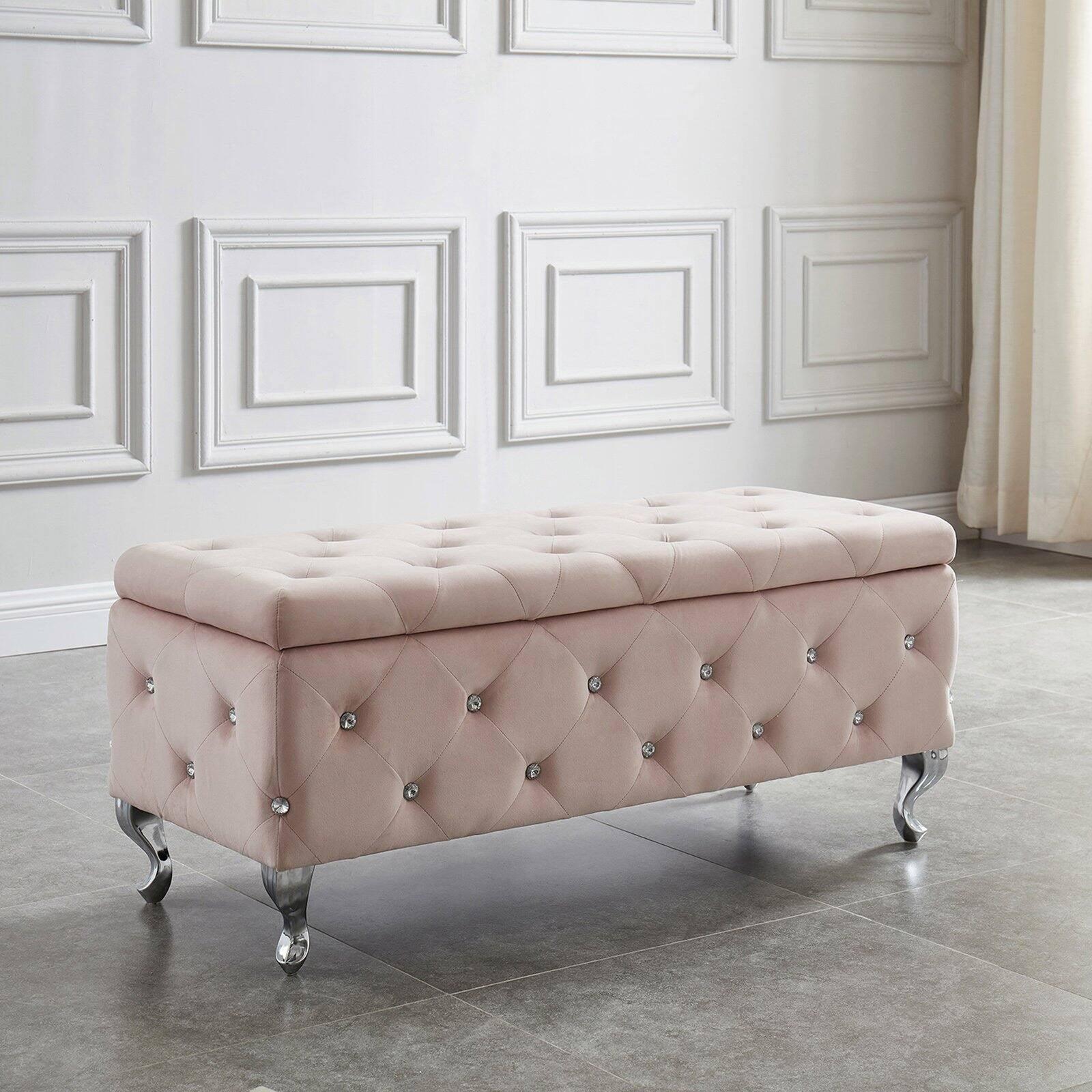 Blush Pink Velvet Tufted Storage Ottoman with Chrome Cabriole Legs