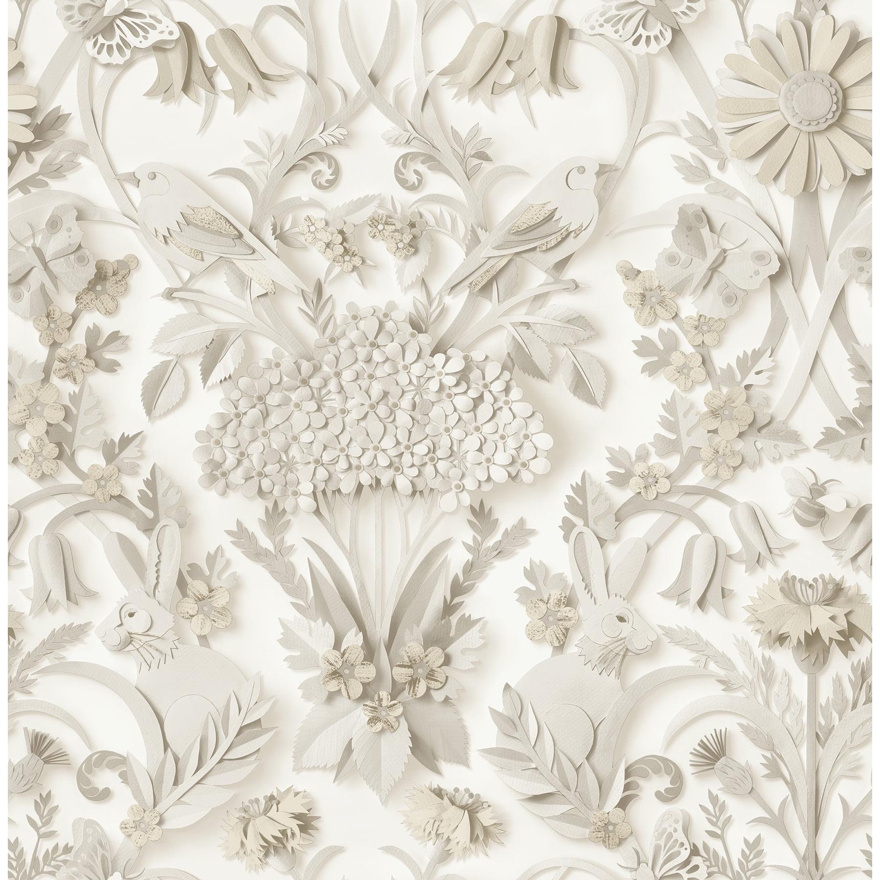 Taupe Damask Self-Adhesive Wallpaper with Rabbit and Bird Design