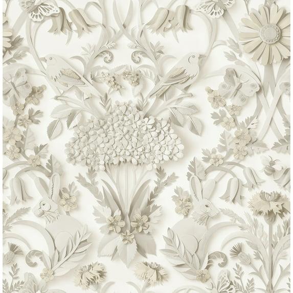 Taupe Damask Self-Adhesive Wallpaper with Rabbit and Bird Design