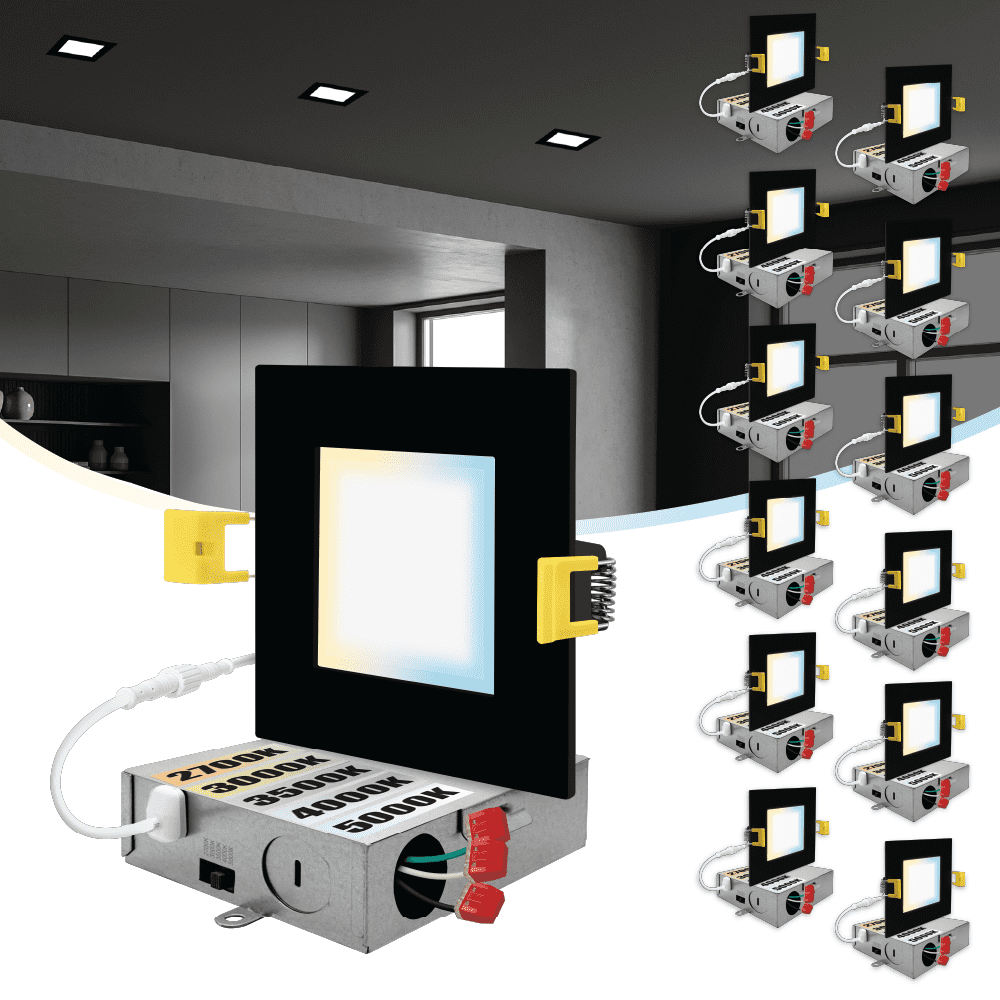 4 in. Slim Canless Square LED Recessed Light 12W 5CCT Dimmable IC Rated 550LM Black Trim 12PK