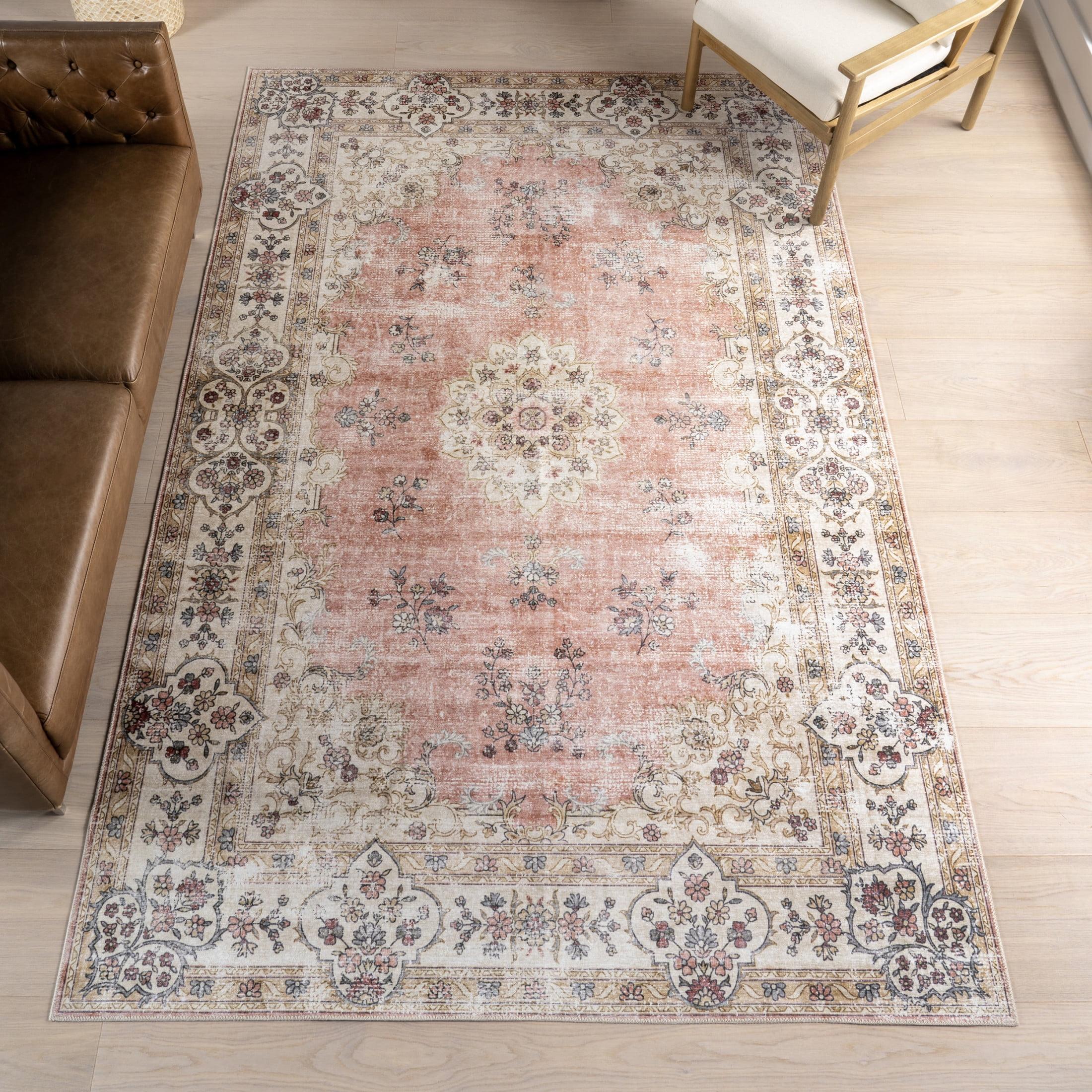 Nuloom Teja Spill Proof Treated Persian Medallion Pet Friendly Premium Machine Washable Area Rug, 4' x 6', Peach