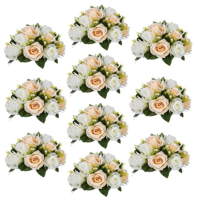 Nuptio Set of 10 Champagne Artificial Flower Kissing ball, 15 Heads Fake Peony Silk Rose Flowers Bouquet for Centerpiece Wedding Birthday Party Home Table Decor