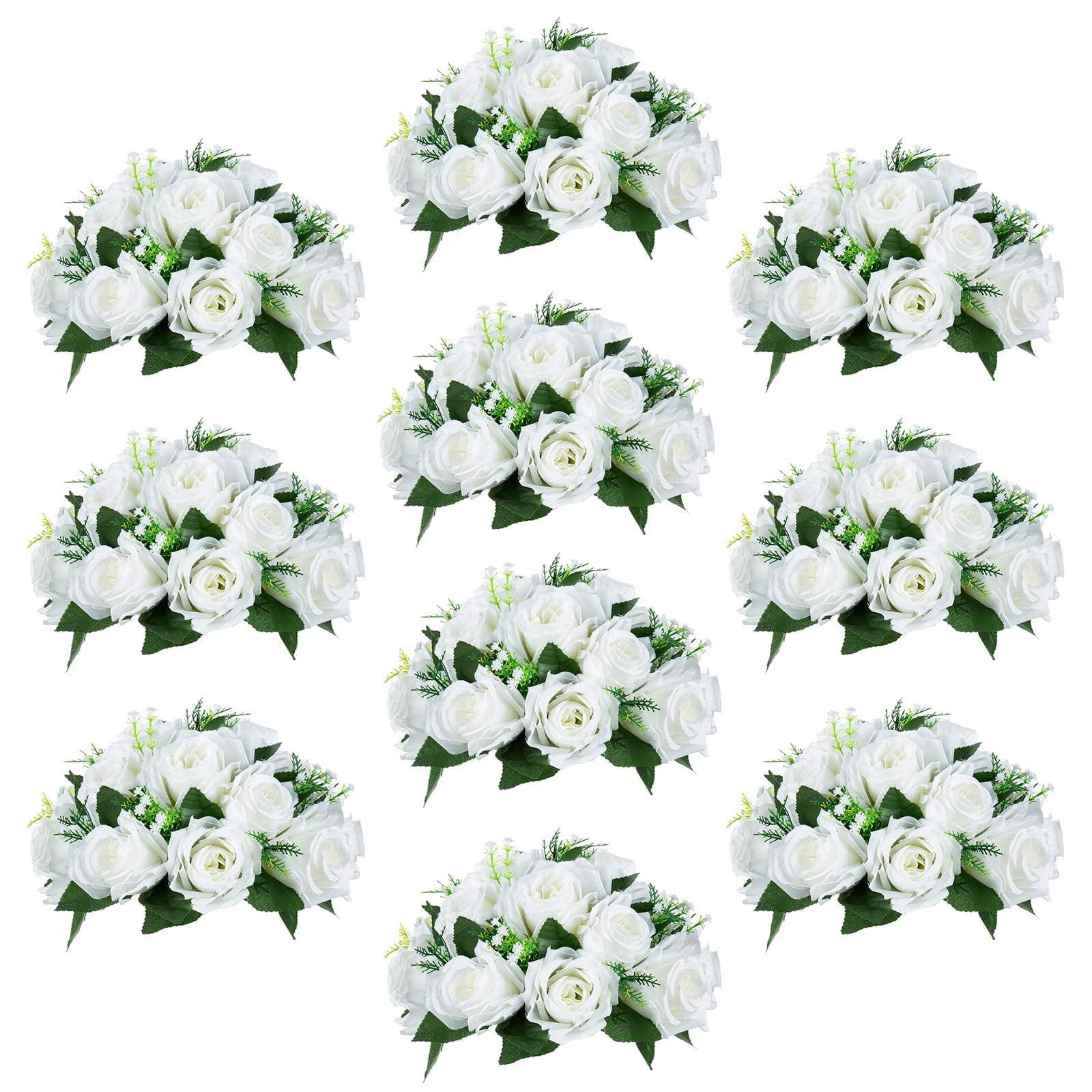 Nuptio Set of 10 White Rose Artificial Flower Kissing ball, 15 Heads Fake Peony Silk Flowers Bouquet for Centerpiece Wedding Birthday Party Home Table Decor