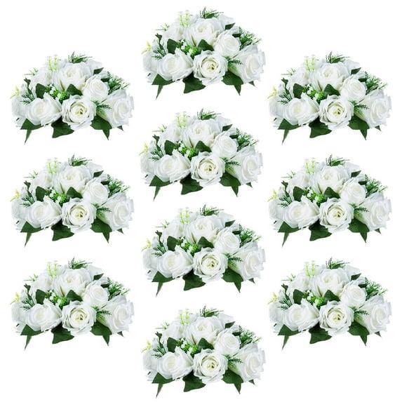 Nuptio Set of 10 White Rose Artificial Flower Kissing ball, 15 Heads Fake Peony Silk Flowers Bouquet for Centerpiece Wedding Birthday Party Home Table Decor