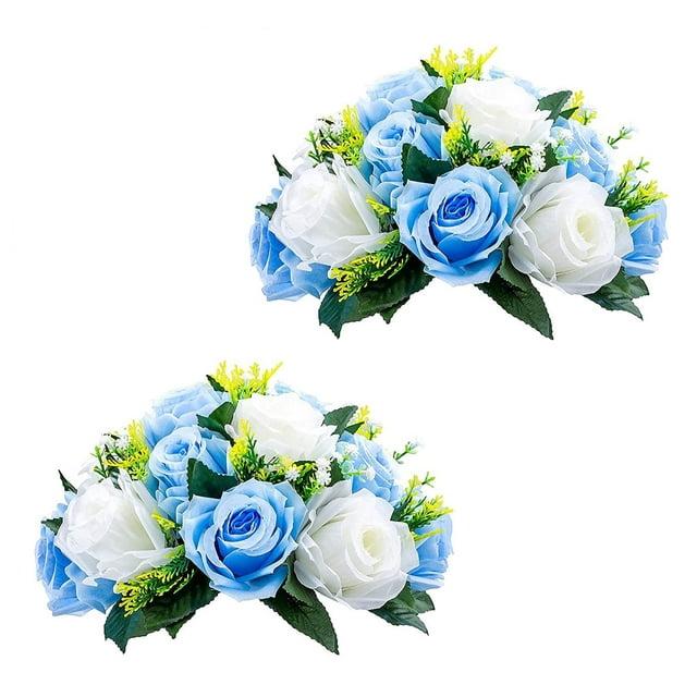 Nuptio Set of 2 Blue&White Artificial Flower Kissing ball, 15 Heads Fake Peony Silk Rose Flowers Bouquet for Centerpiece Wedding Birthday Party Home Table Decor