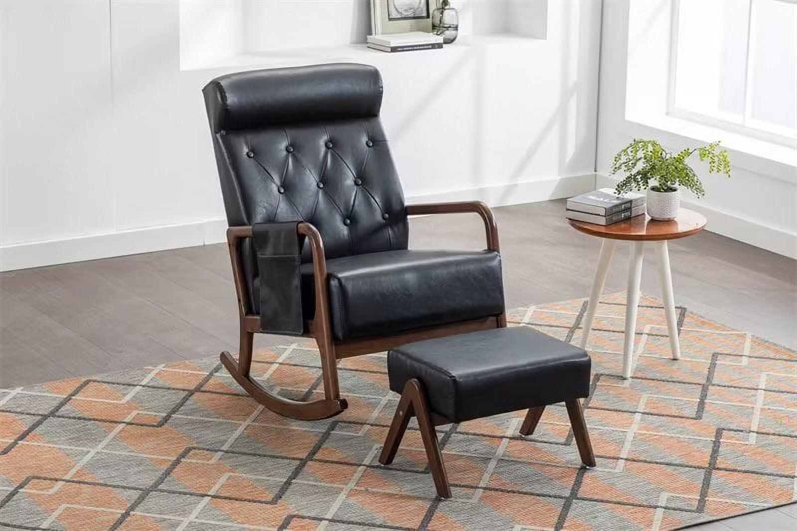 Black PU Upholstered Rocking Chair with Ottoman and Wooden Frame