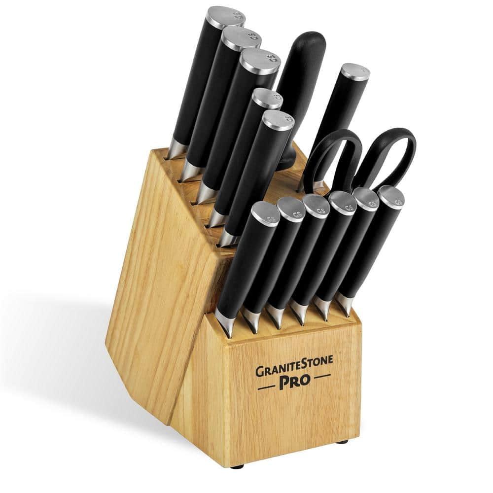 GraniteStone Pro 15-Piece Stainless Steel Knife Set with Wooden Block