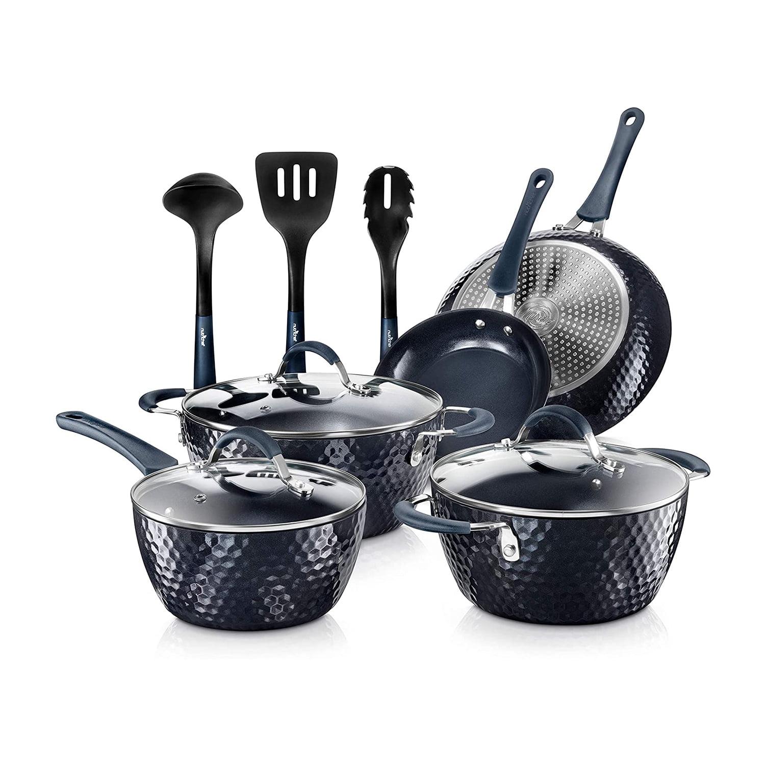 NutriChef 11-Piece Navy Blue Nonstick Aluminum Cookware Set with Utensils