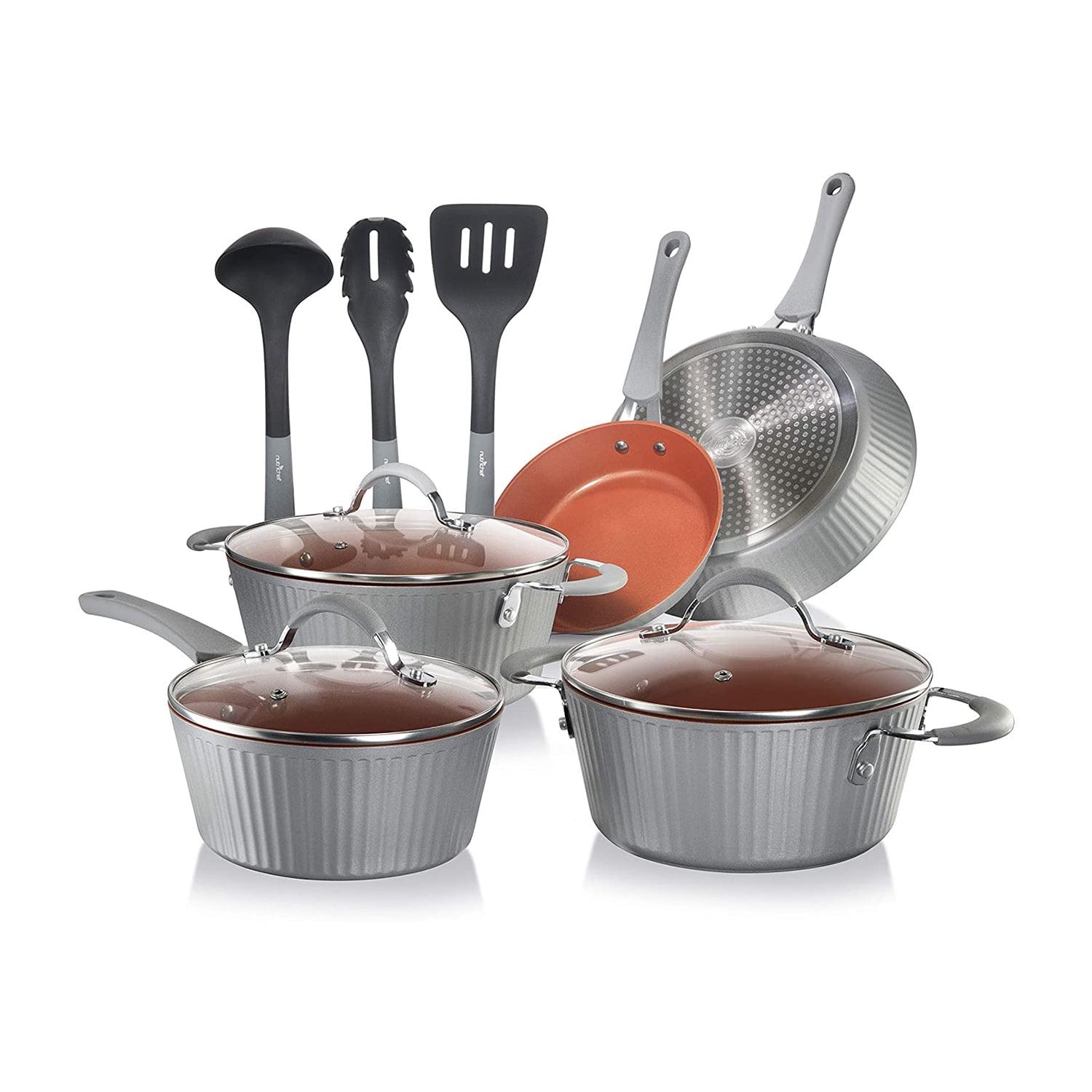 NutriChef 11-Piece Lines Kitchenware Pots And Pans Set, Gray