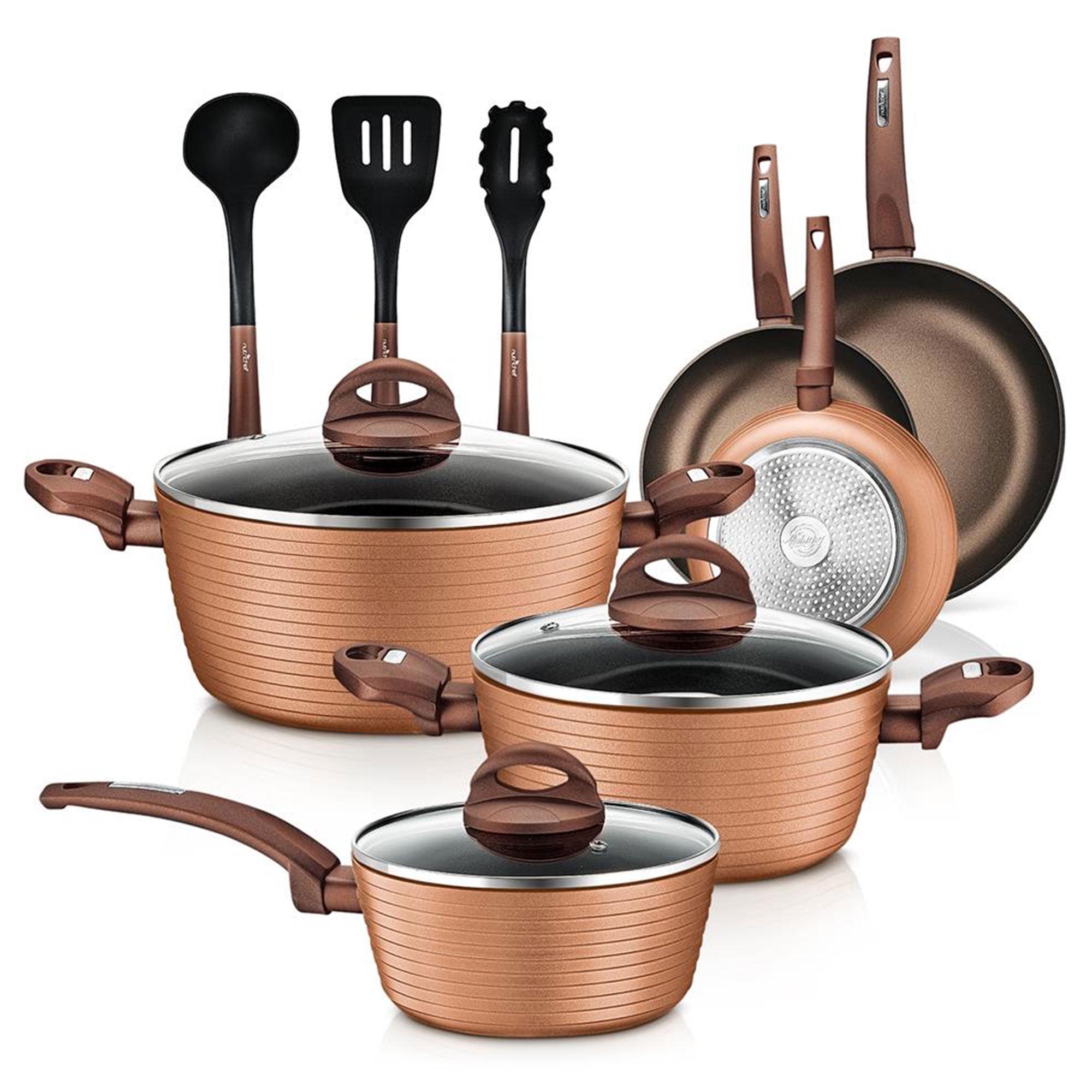 NutriChef 12 Piece Kitchenware Pots & Pans Set - Heat Resistant Lacquer Outside (Brown)