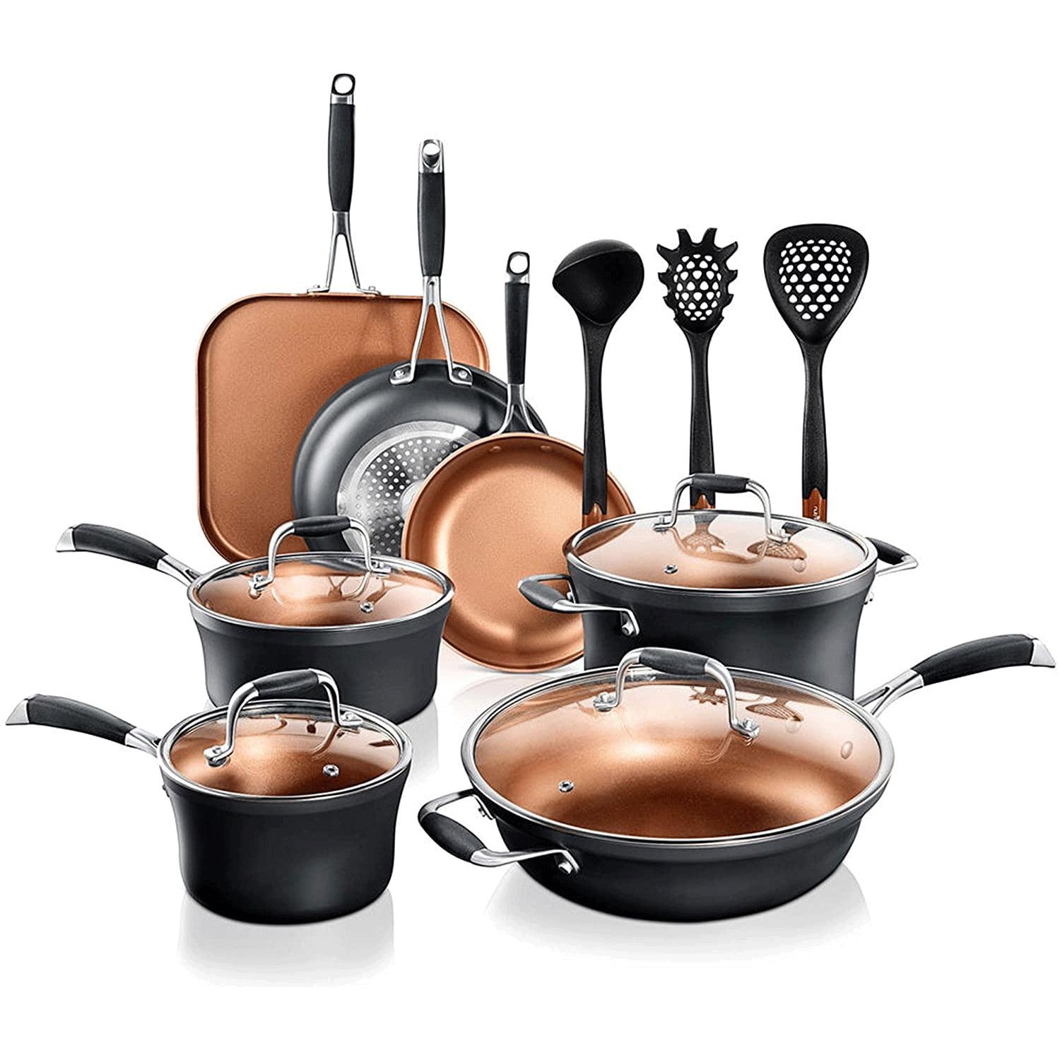 NutriChef 14pc Non-Stick Copper Kitchen Cookware Set - Hard-Anodized Exterior (NCCWALN14)