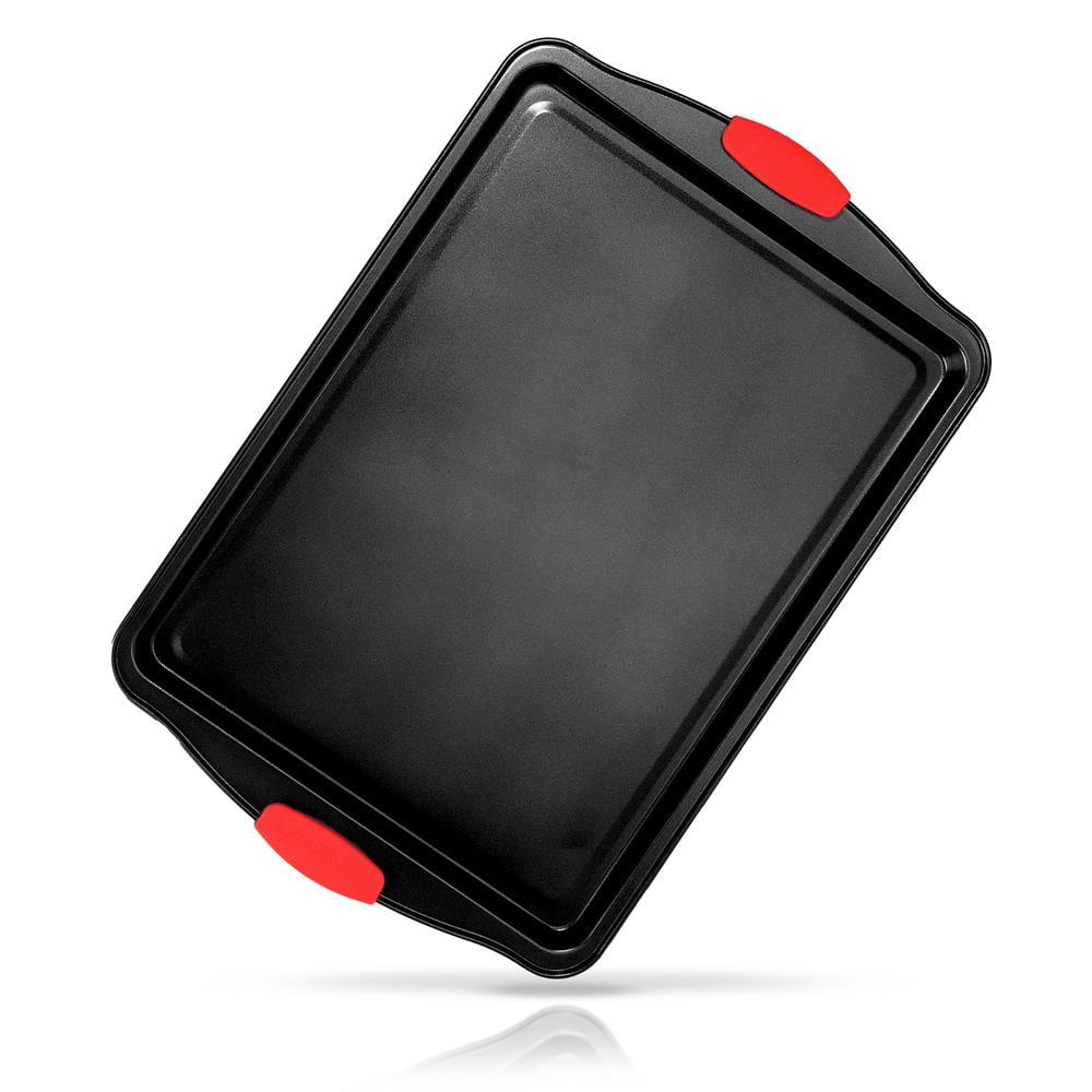 NutriChef 15" Non-Stick Cookie Sheet, Medium Gray Quality Carbon Metal W/ Red Silicone Handles