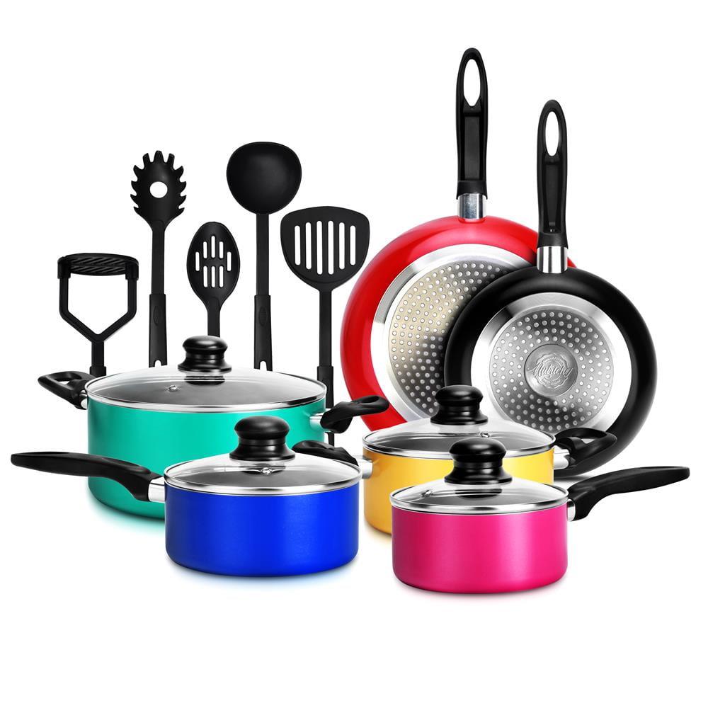 Nutrichef 15 Piece Nonstick Kitchen Cookware Set with 2 Cooking Pots, 2 Sauce Pots, 4 Lids, 2 Pans, and 5 Utensils, Multicolor