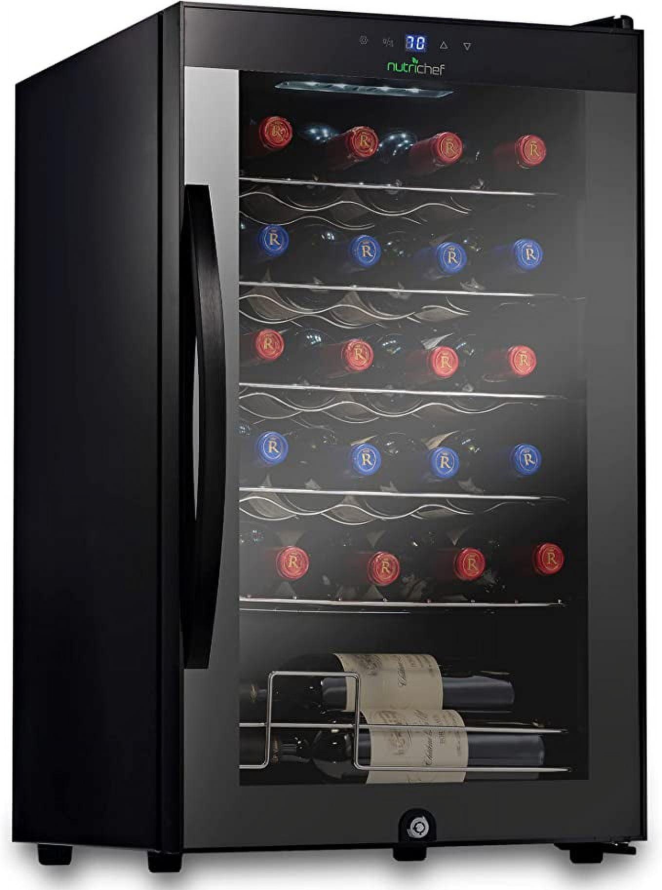 NutriChef 24-Bottle Black Glass Freestanding Wine Cooler with LED Lighting