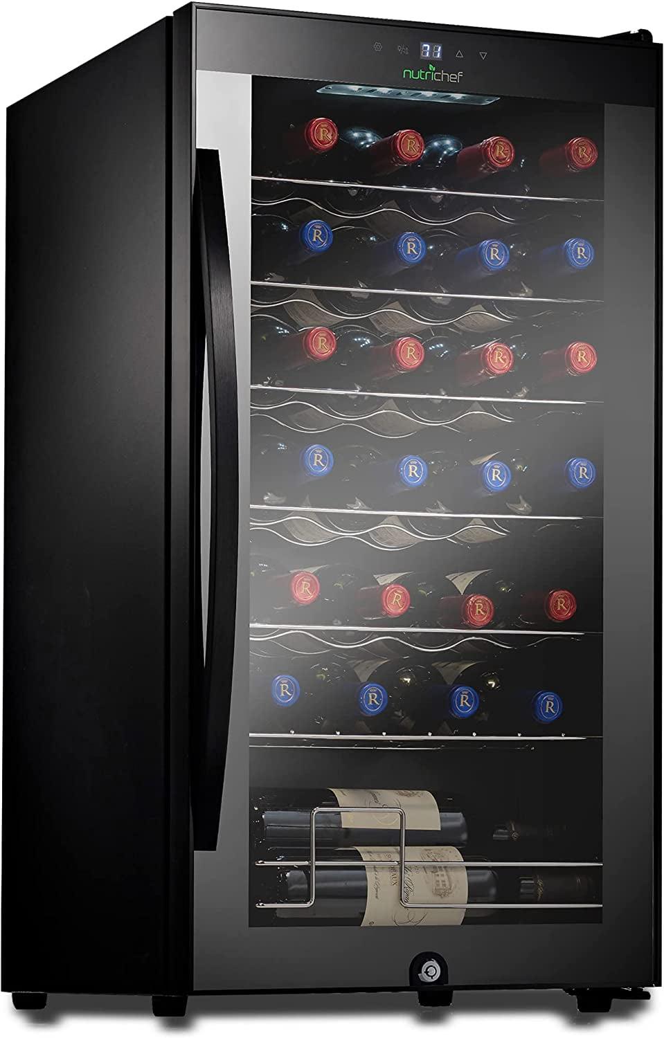 NutriChef 28 Bottle Black Glass Door Wine Cooler