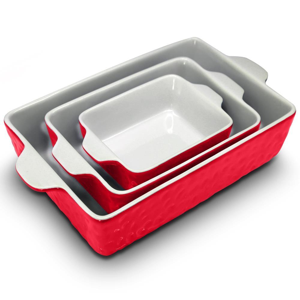 3-Pcs. Rectangular Ceramic Bakeware Set - Durable Baking Dishes Set, Odor-Free Hybrid Ceramic Non-Stick Baking Pans, Dishwasher Safe (Red)