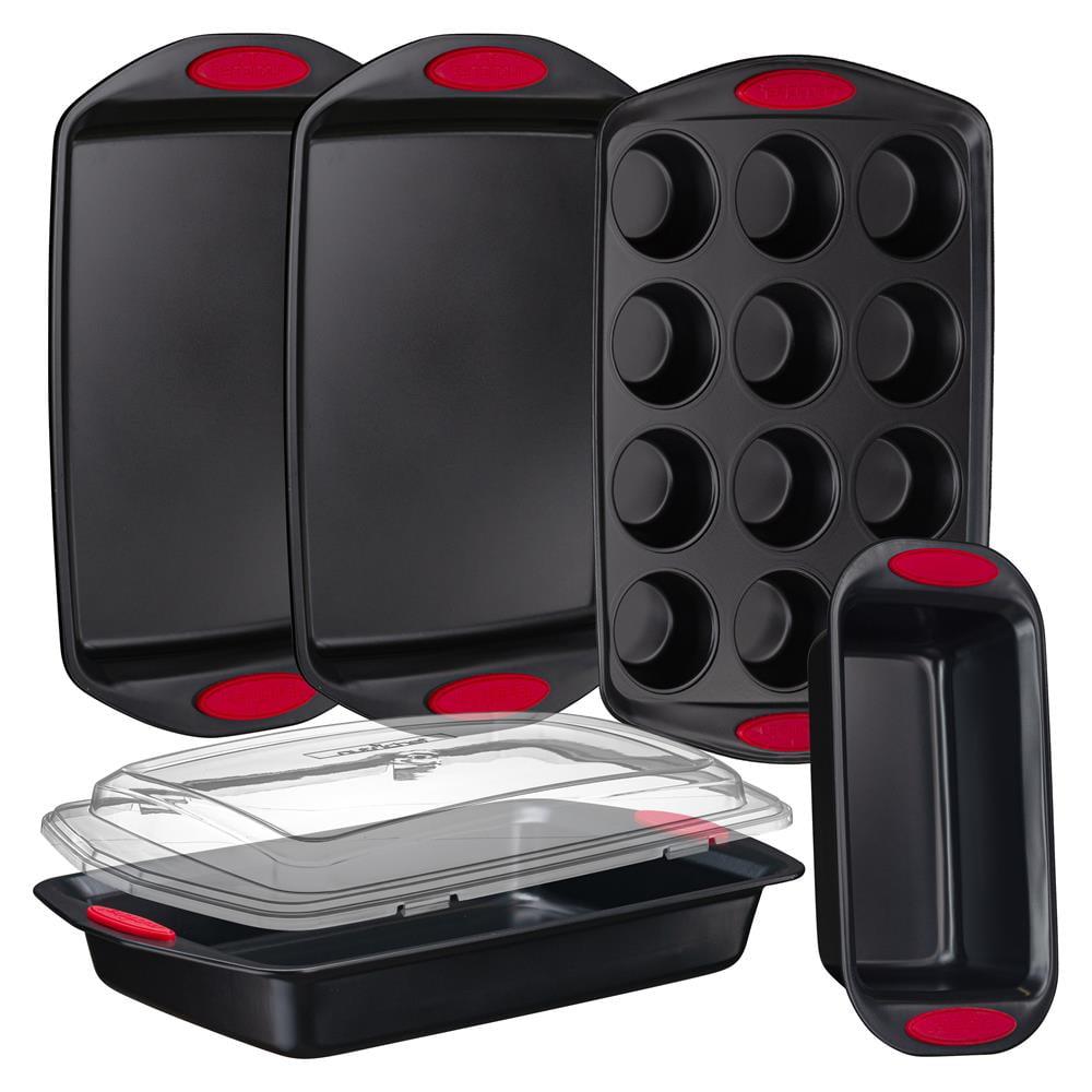 NutriChef 6pc Nonstick Carbon Steel Bakeware Set with Red Silicone Handles - NCRRL6BLK