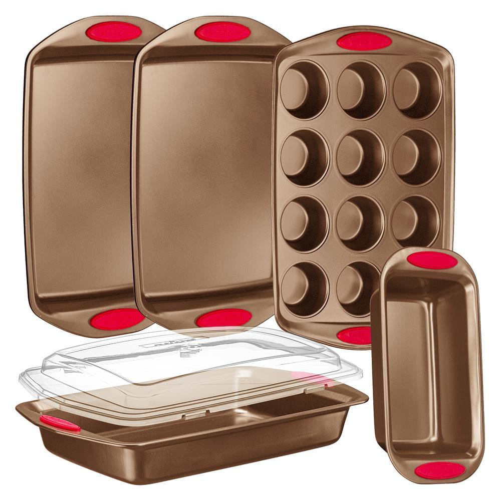 NutriChef 6-Piece Baking Pan Set Flexible Nonstick Golden Coating Carbon Steel Bakeware, Gold