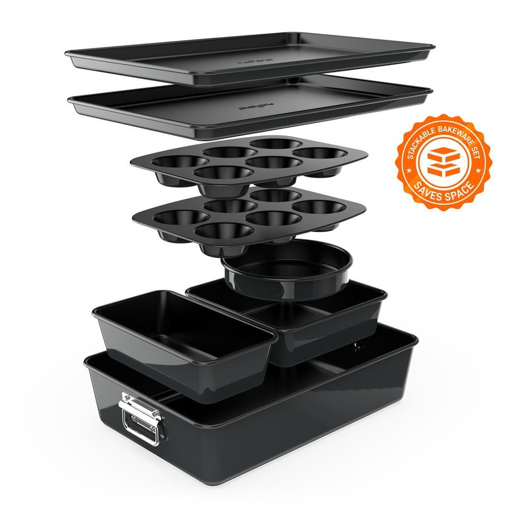 NutriChef 8-Piece Nonstick Stackable Bakeware Set - Pfoa, Pfos, Ptfe Free Baking Tray Set W/ Non-Stick Coating, 450°F Oven Safe, Round Cake, Loaf, Muffin, Wide/Square Pans, Cookie Sheet