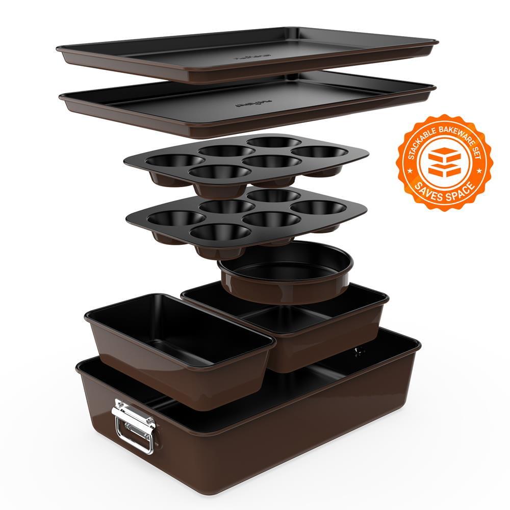 NutriChef 8-Piece Nonstick Stackable Bakeware Set PFOA, PFOS, PTFE Free W/ Non-Stick Coating, Brown