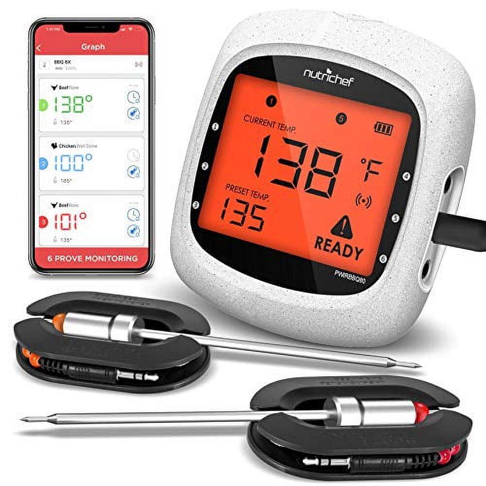NutriChef Nutrichef Bluetooth Meat Thermometer For Grilling And Smoking With 6 Wireless Meat Probes, 6 Channels With Lcd Display