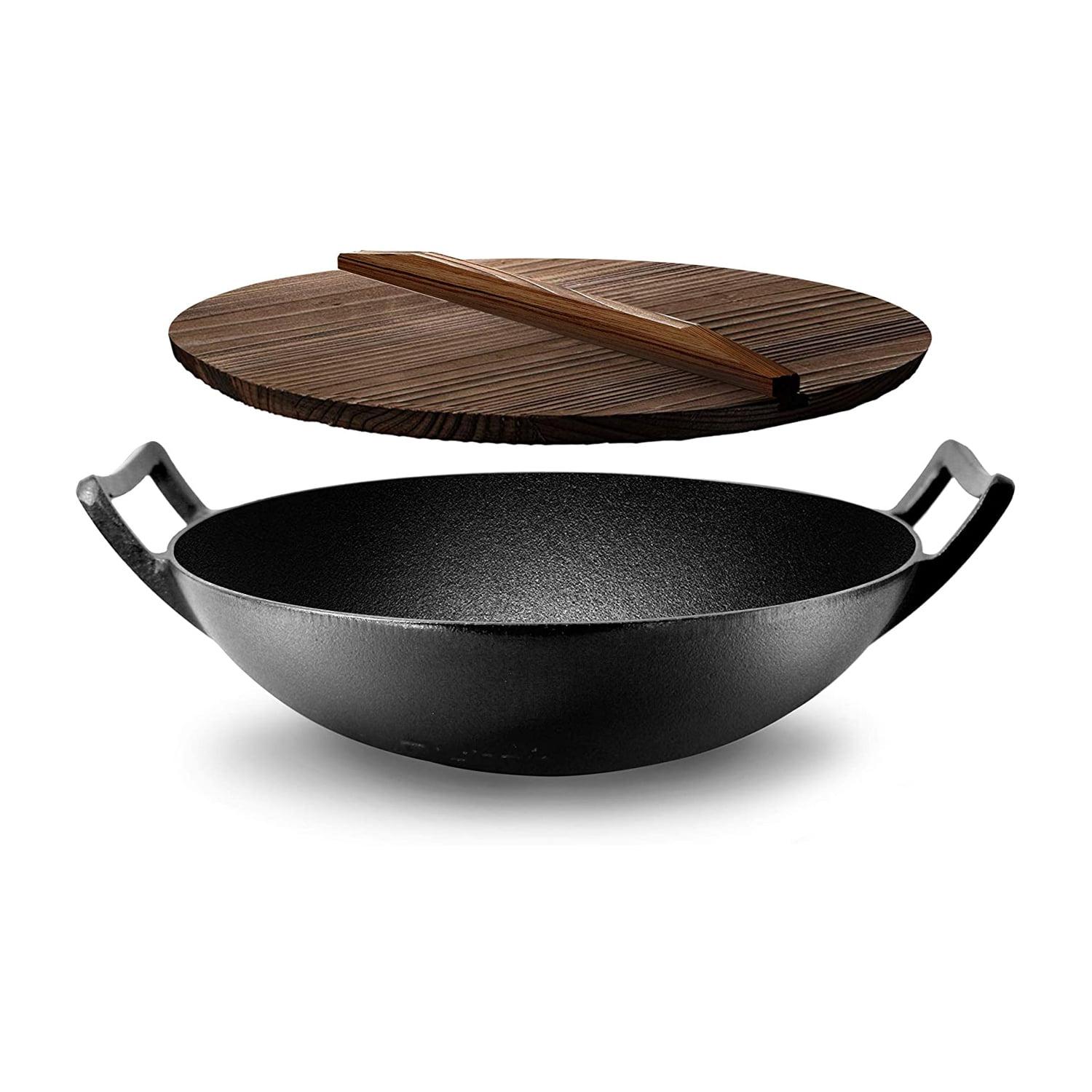 Open Box NutriChef Cooking Wok Cast Iron Stir Fry Pan with Wooden Lid, Black