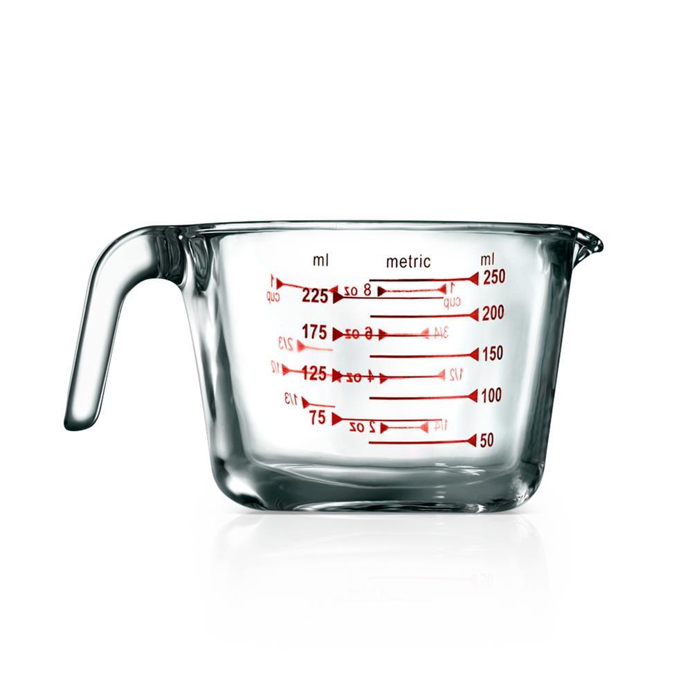 NutriChef 250 ml Clear Borosilicate Glass Measuring Cup with Red Decal Scale