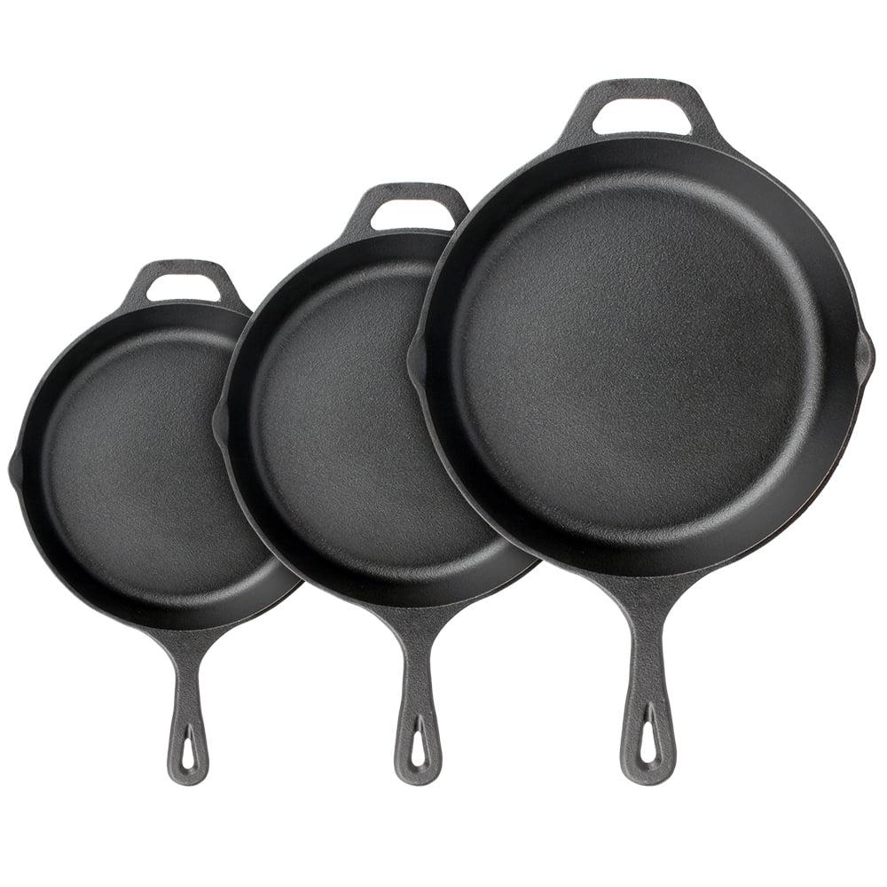 NutriChef Heavy Duty Non Stick Pre Seasoned Cast Iron Skillet Frying Pan 3 Piece Set Includes 8-Inch, 10-Inch, 12-Inch Pans, with Silicone Handles