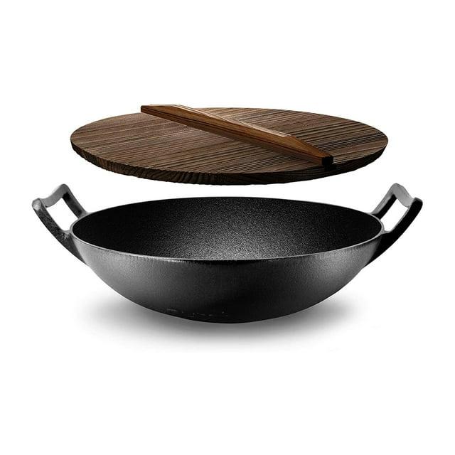 Open Box NutriChef Cooking Wok Cast Iron Stir Fry Pan with Wooden Lid, Black