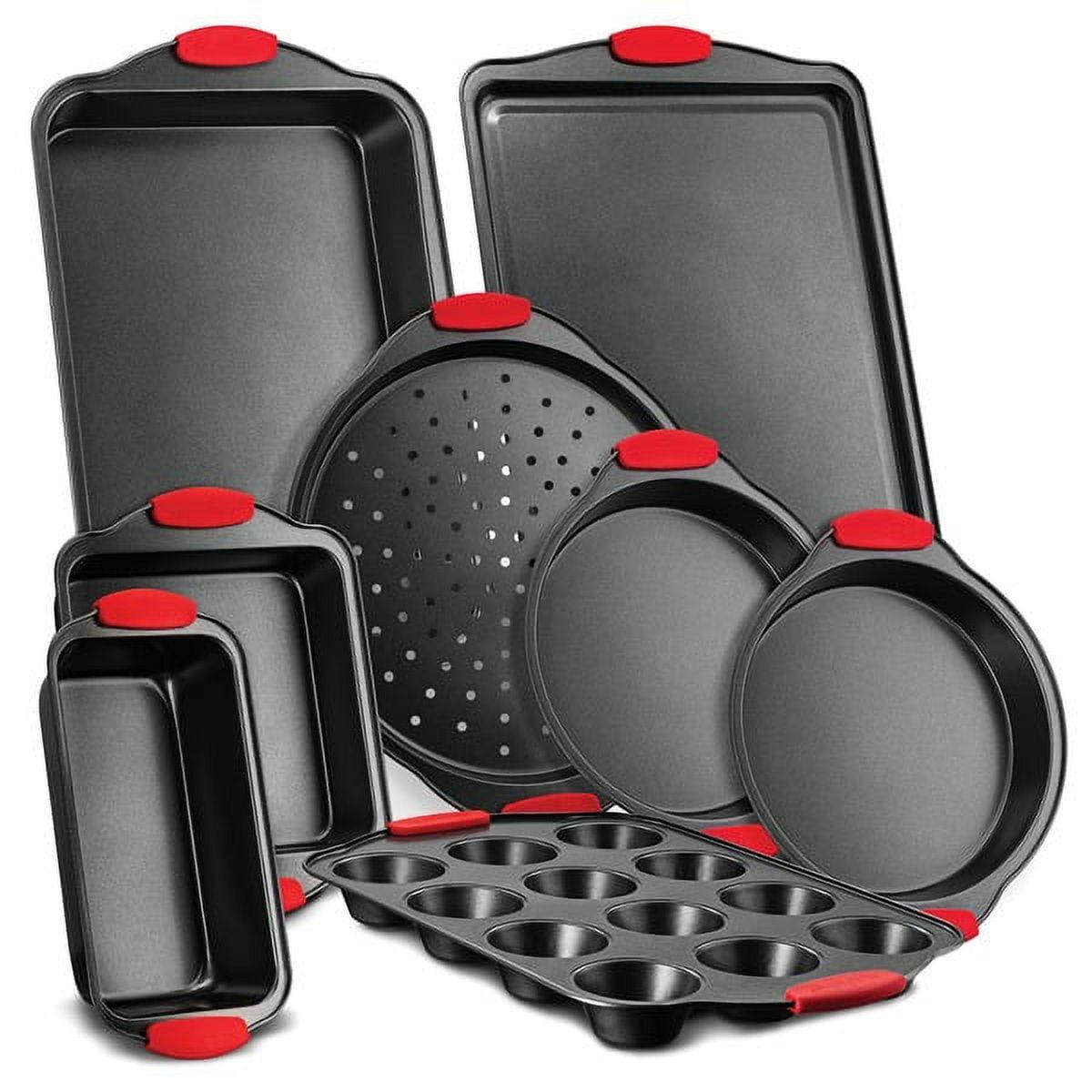 NutriChef 8-Piece Non-Stick Carbon Steel Bakeware Set with Red Silicone Handles