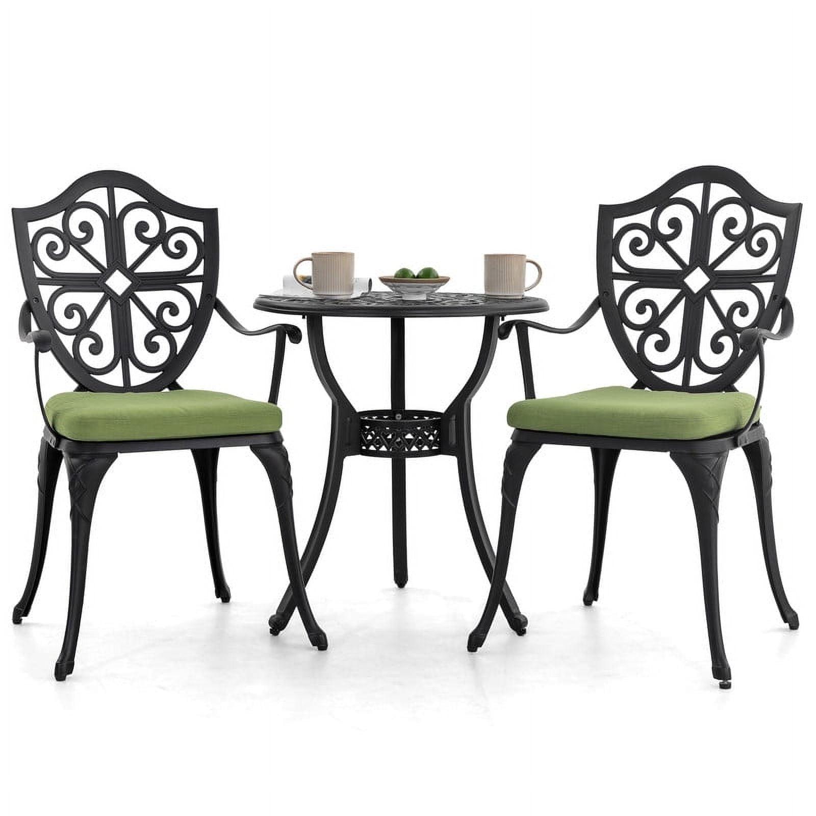 Nuu Garden 3 Piece Cast Aluminum Outdoor Bistro Set, Patio Bistro Set with Cushions and Umbrella Hole Rust-Resistant Outdoor Dining Set, Black&Green