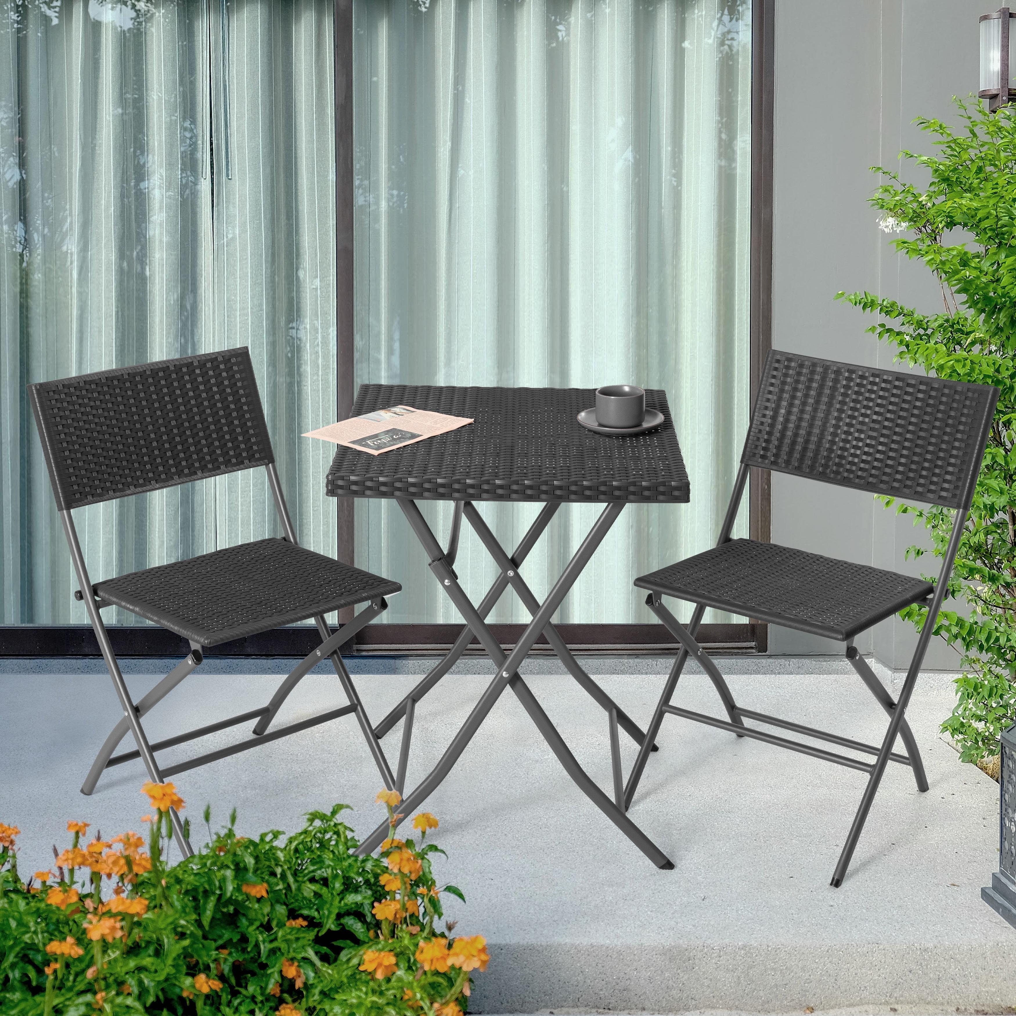 Nuu Garden 3 -Piece Black Rattan Bistro Patio Dining Set Iron Square Table with 2 Stationary Chairs