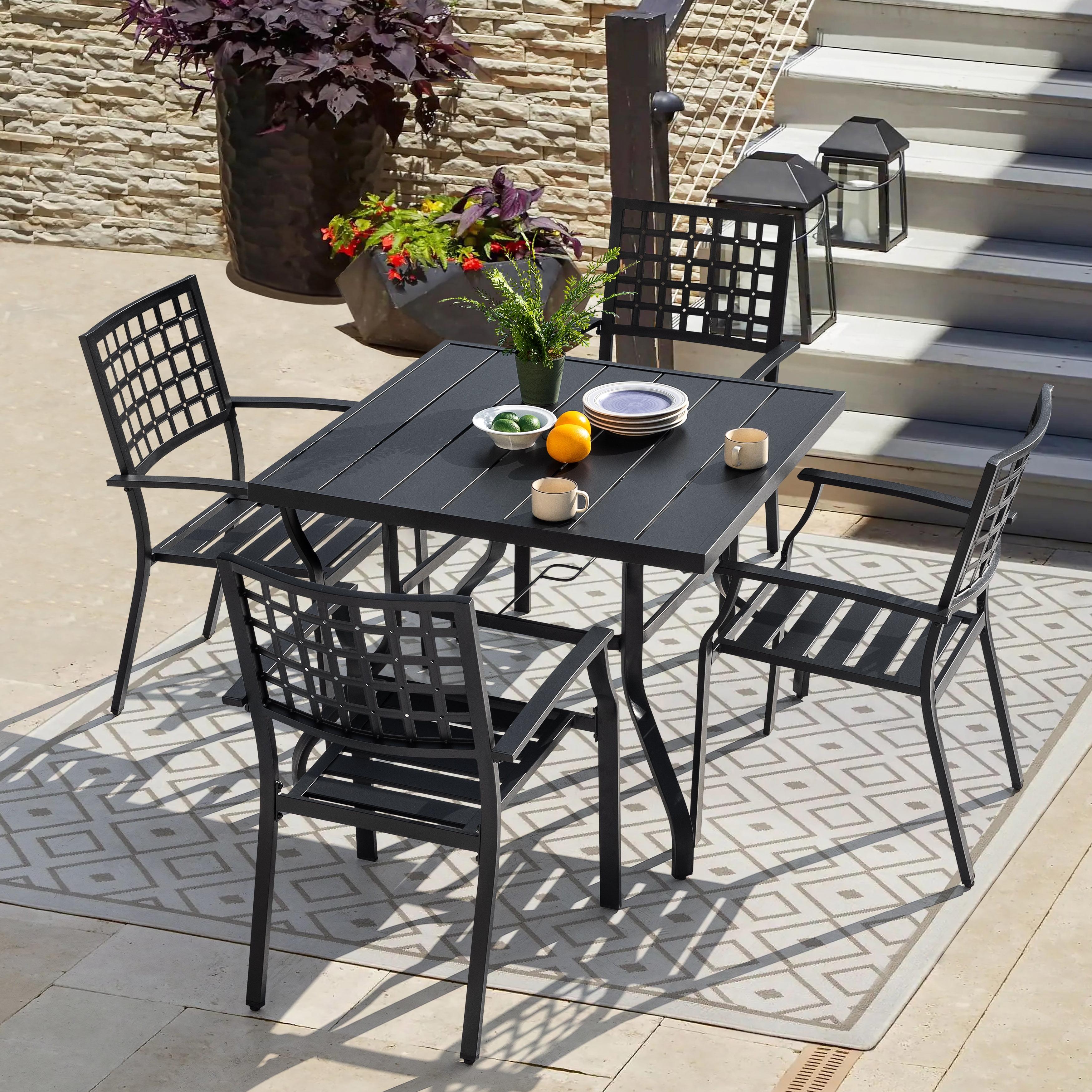 Black Iron 5-Piece Square Outdoor Dining Set with Umbrella Hole