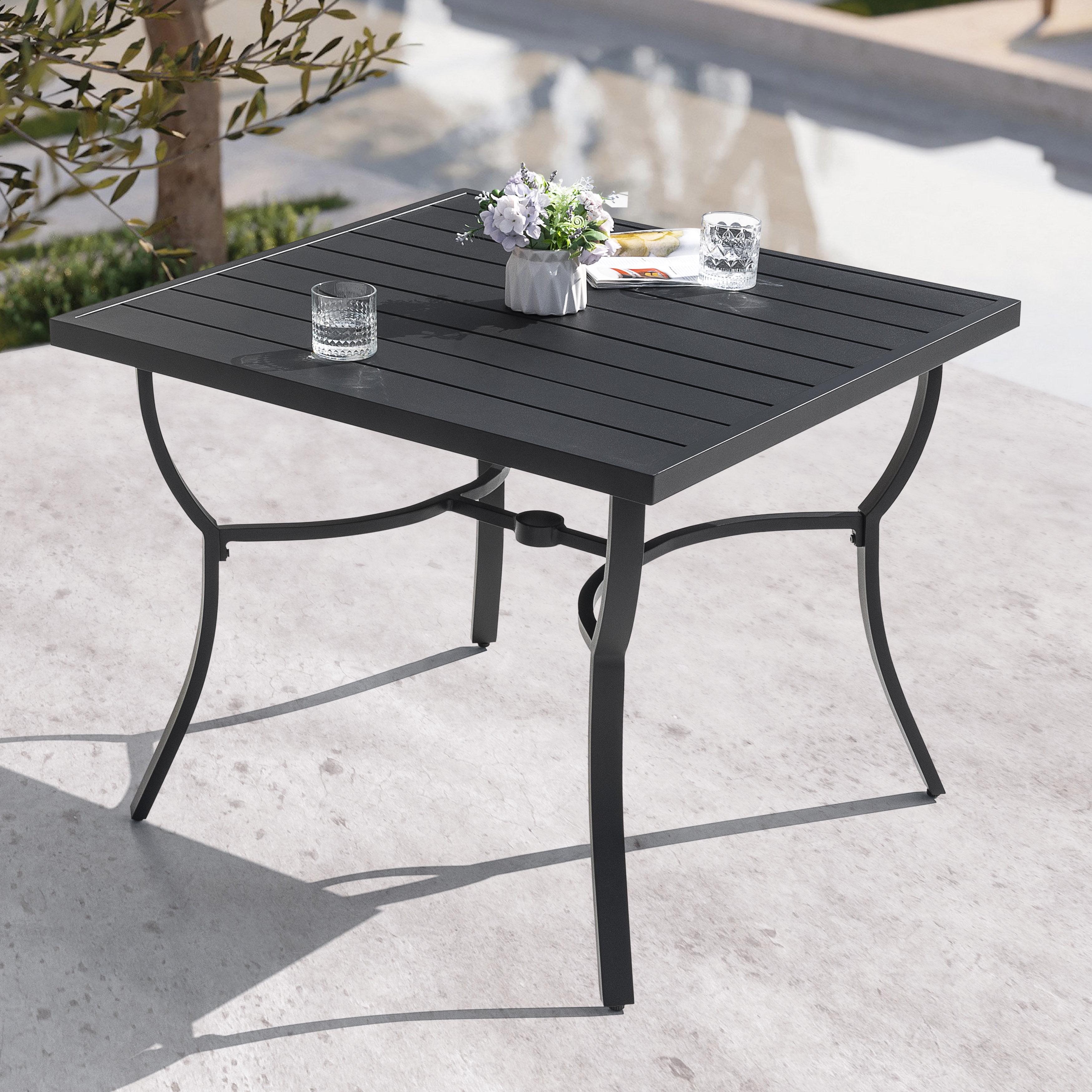 Black Aluminum Square Outdoor Dining Table with Umbrella Hole